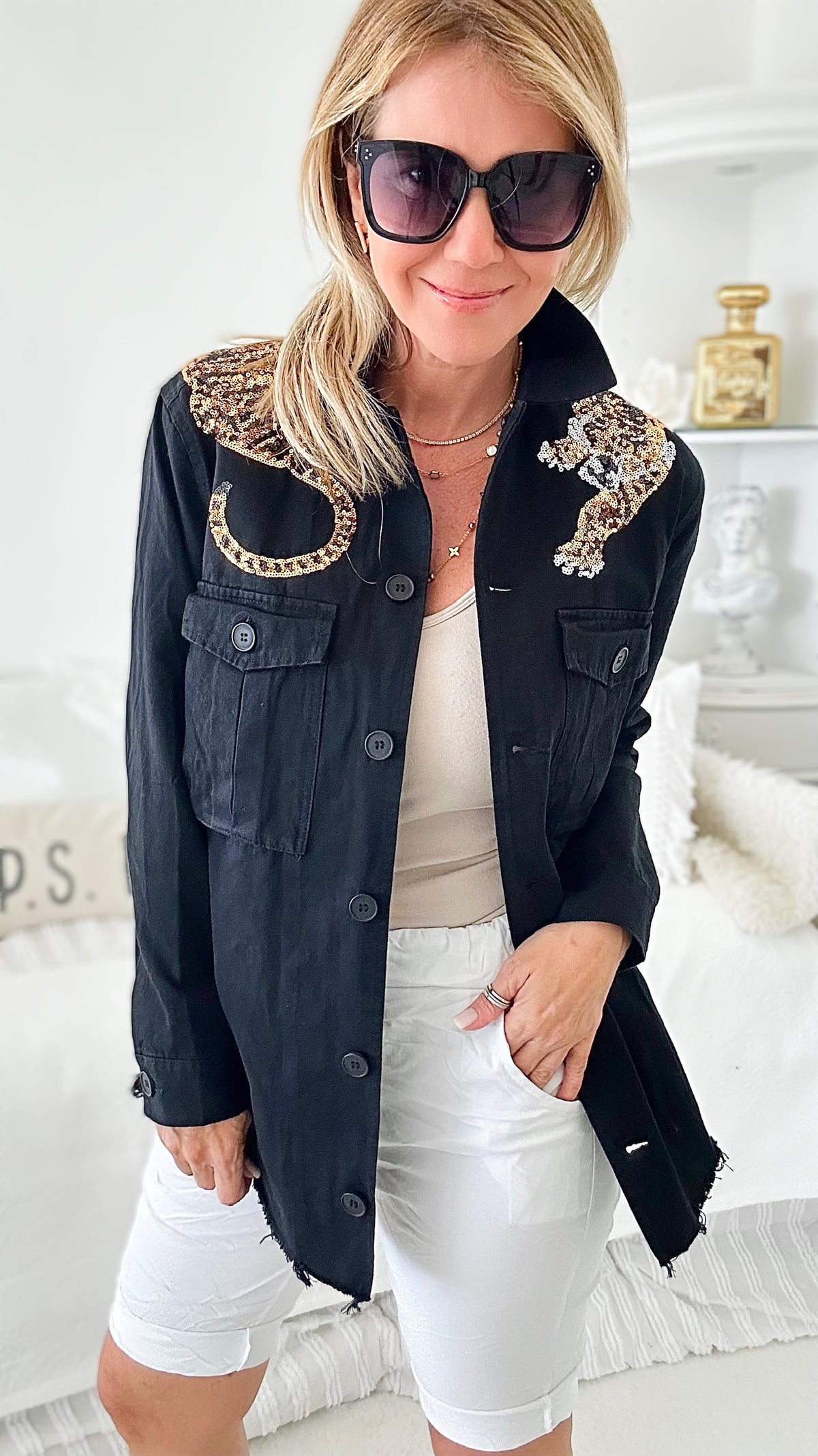Wild Sequin Cargo Jacket - Black-160 Jackets-Blue B-Coastal Bloom Boutique, find the trendiest versions of the popular styles and looks Located in Indialantic, FL