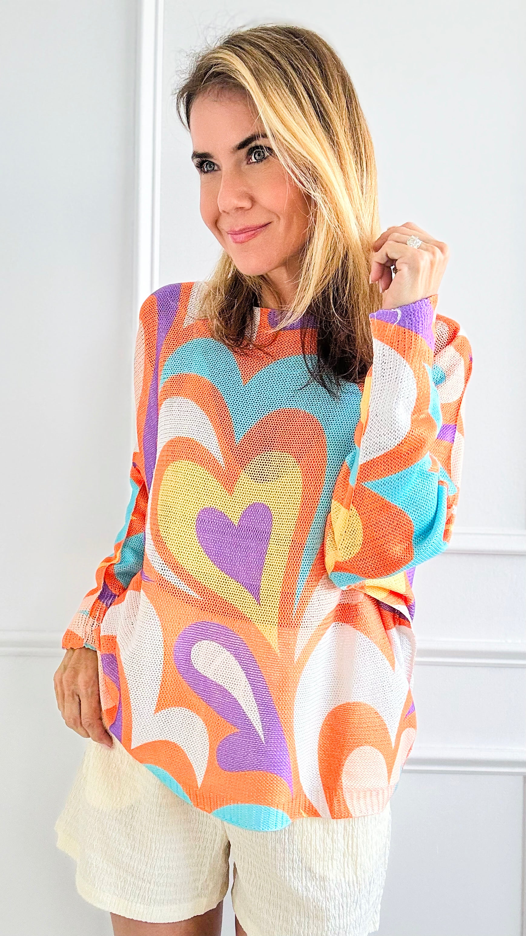 Italian St Tropez Multi Heart - Orange-130 Long Sleeve Tops-Italianissimo-Coastal Bloom Boutique, find the trendiest versions of the popular styles and looks Located in Indialantic, FL