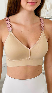 Strap Situation Bra - Nude W Suede Blush Flowers Plunge-220 Intimates-Strap-its-Coastal Bloom Boutique, find the trendiest versions of the popular styles and looks Located in Indialantic, FL