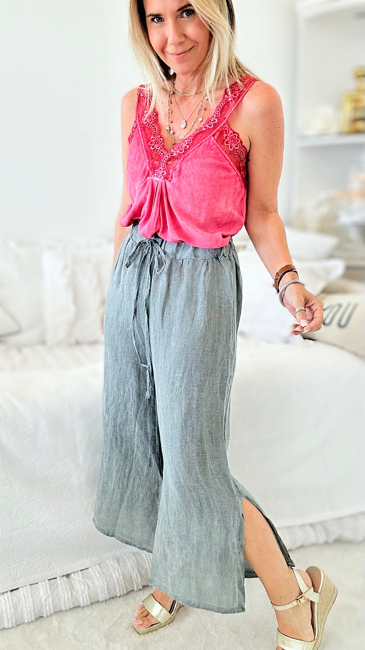Italian Side Slit Linen Pants - GRAY-170 Bottoms-Tempo-Coastal Bloom Boutique, find the trendiest versions of the popular styles and looks Located in Indialantic, FL