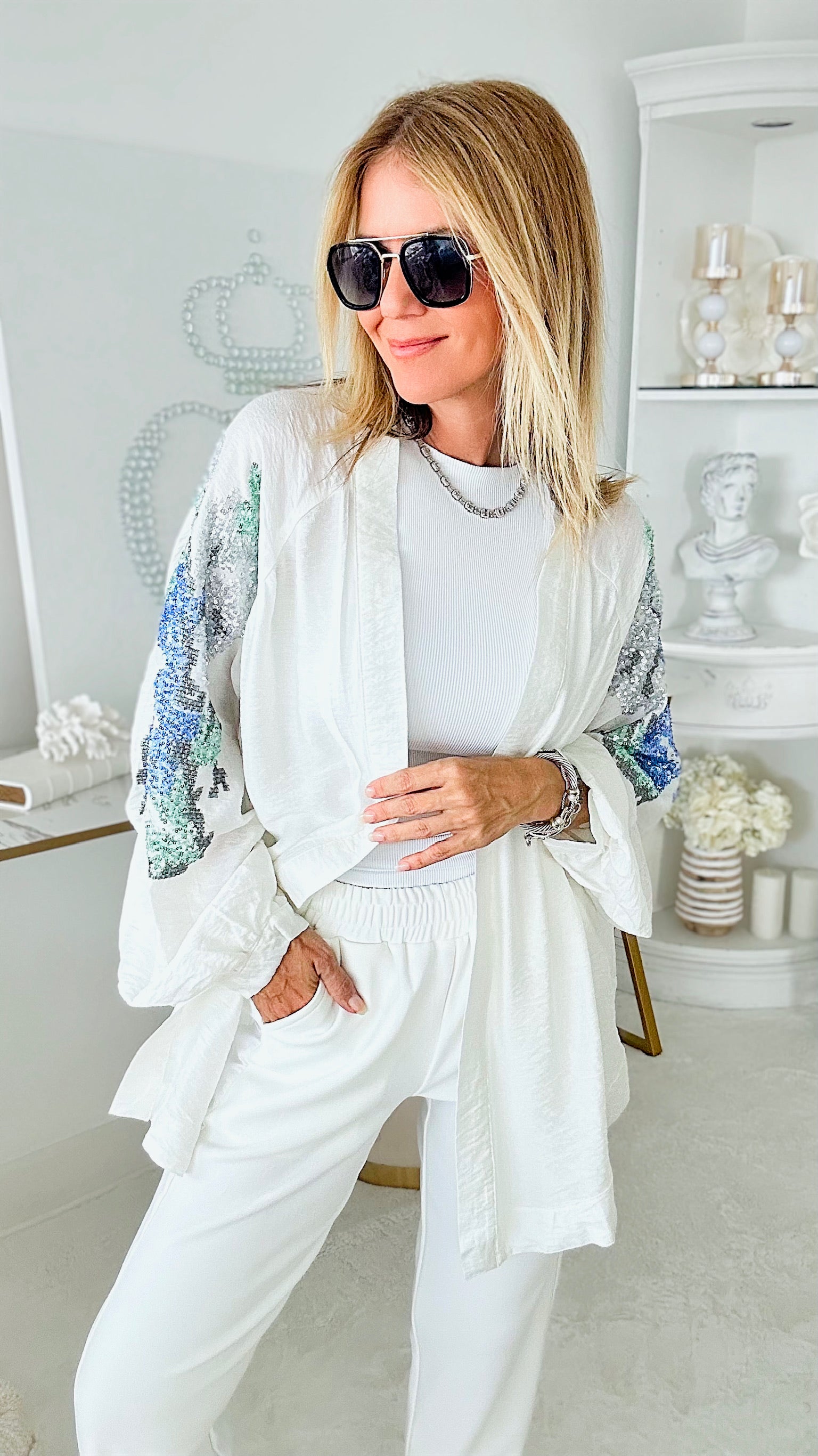 Roses are Blue Sequin Kimono-150 Cardigans/Layers-TOUCHE PRIVE-Coastal Bloom Boutique, find the trendiest versions of the popular styles and looks Located in Indialantic, FL