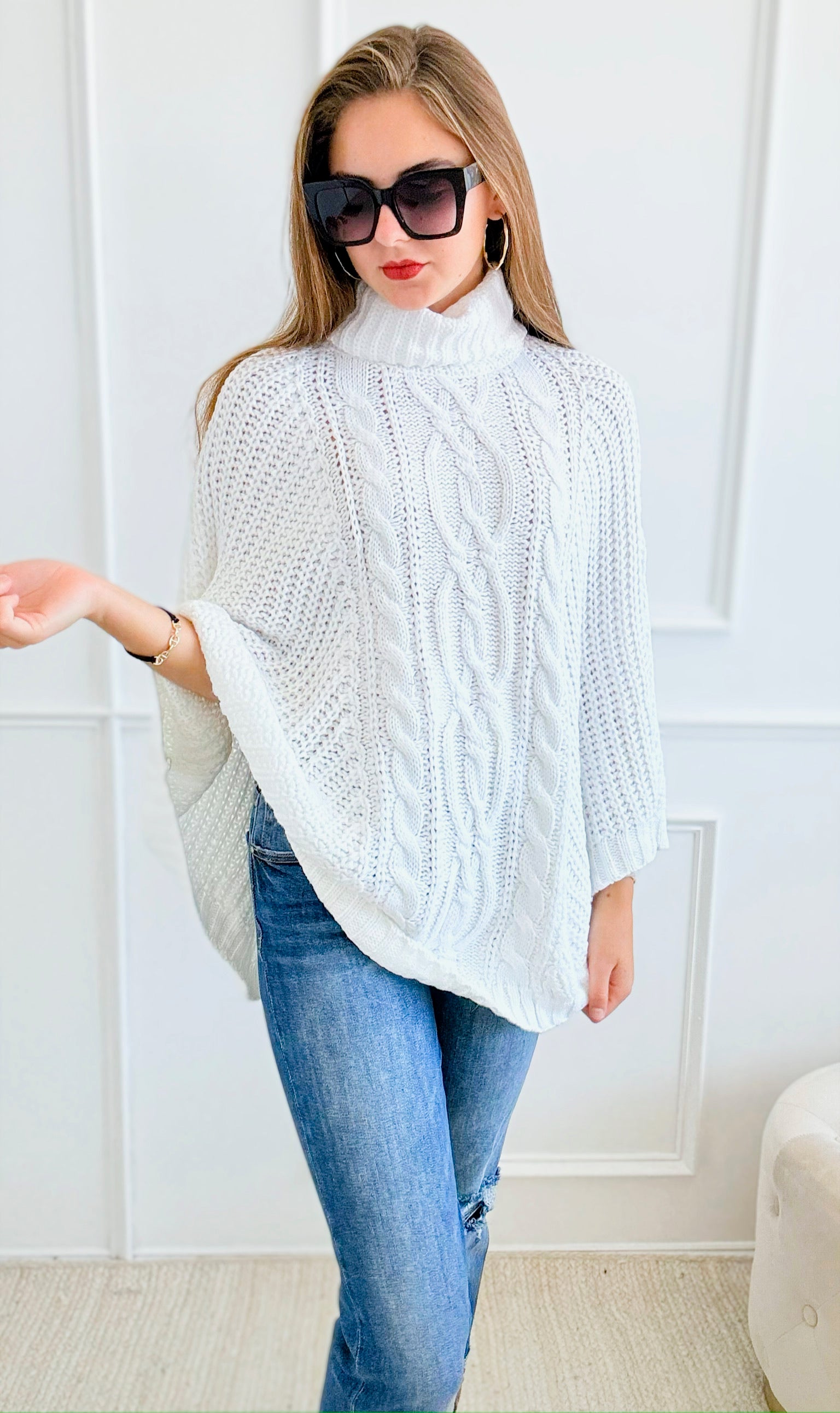 Knitted Turtle Neck Poncho-Off White-150 Cardigans/Layers-ROUSSEAU-Coastal Bloom Boutique, find the trendiest versions of the popular styles and looks Located in Indialantic, FL