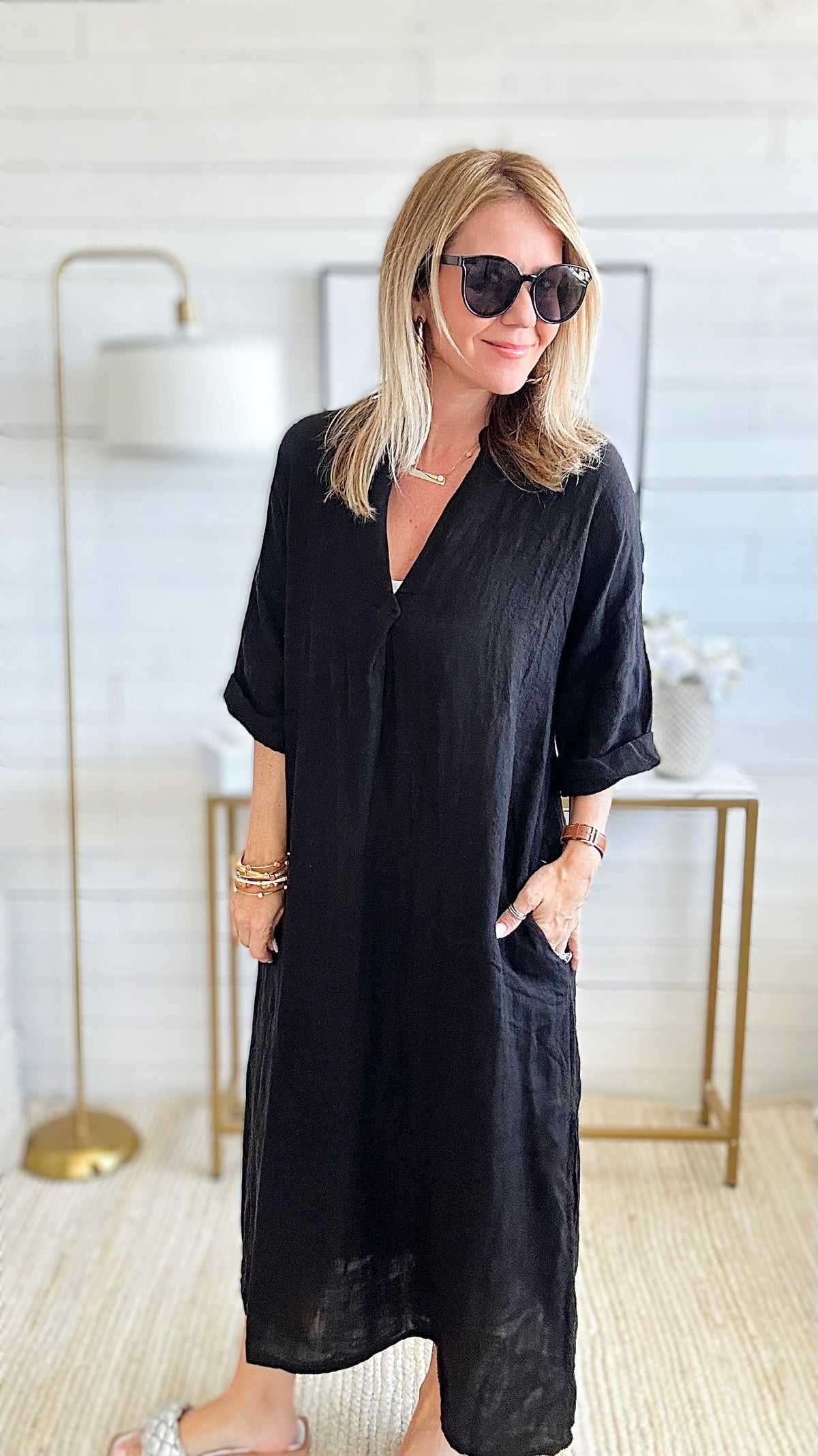 Pocketed Linen Tunic Italian Dress - Black-200 Dresses/Jumpsuits/Rompers-Yolly-Coastal Bloom Boutique, find the trendiest versions of the popular styles and looks Located in Indialantic, FL