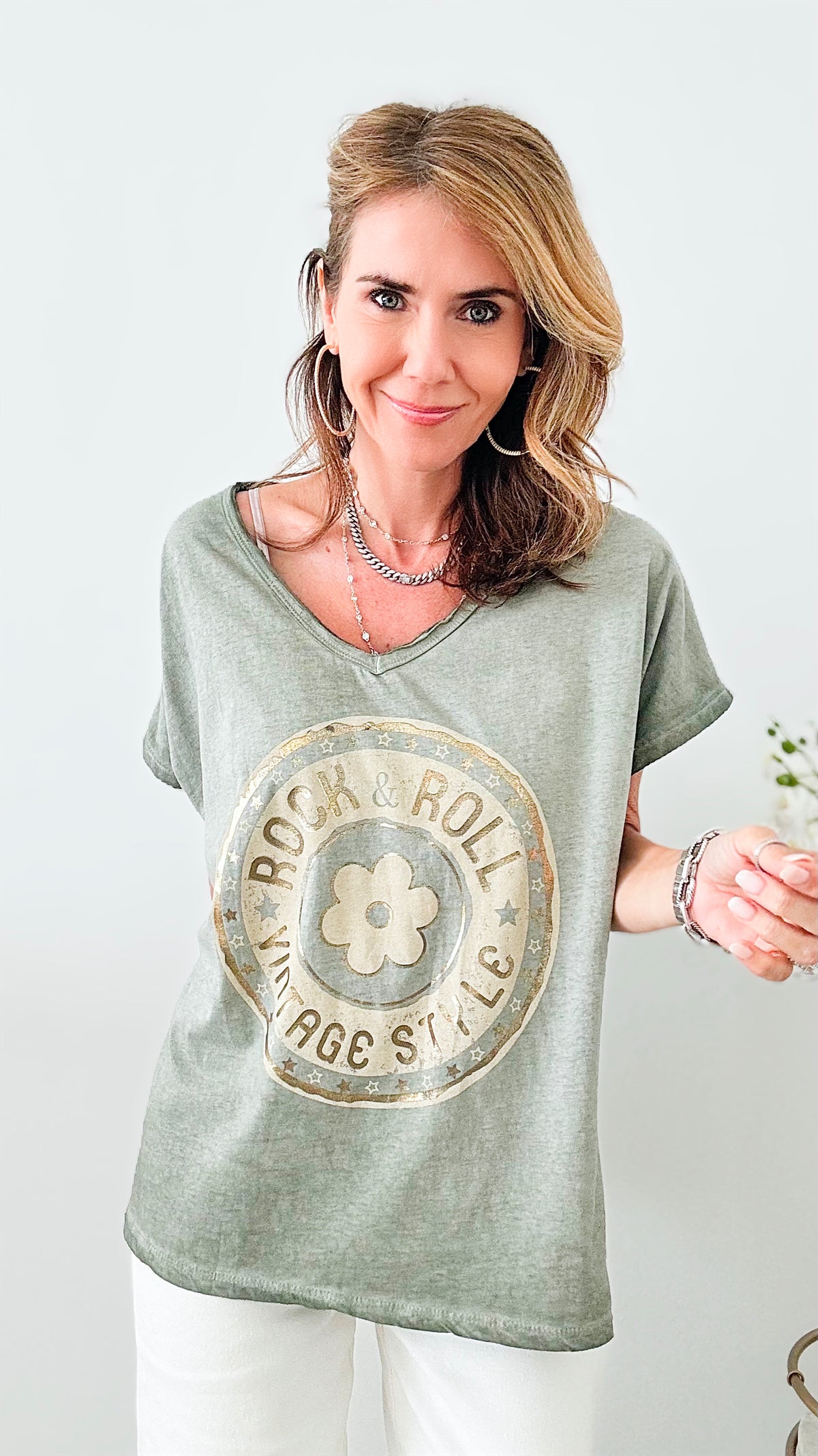 Vintage Rock + Roll Italian Graphic Tee - Sage-120 Graphic-Italianissimo-Coastal Bloom Boutique, find the trendiest versions of the popular styles and looks Located in Indialantic, FL