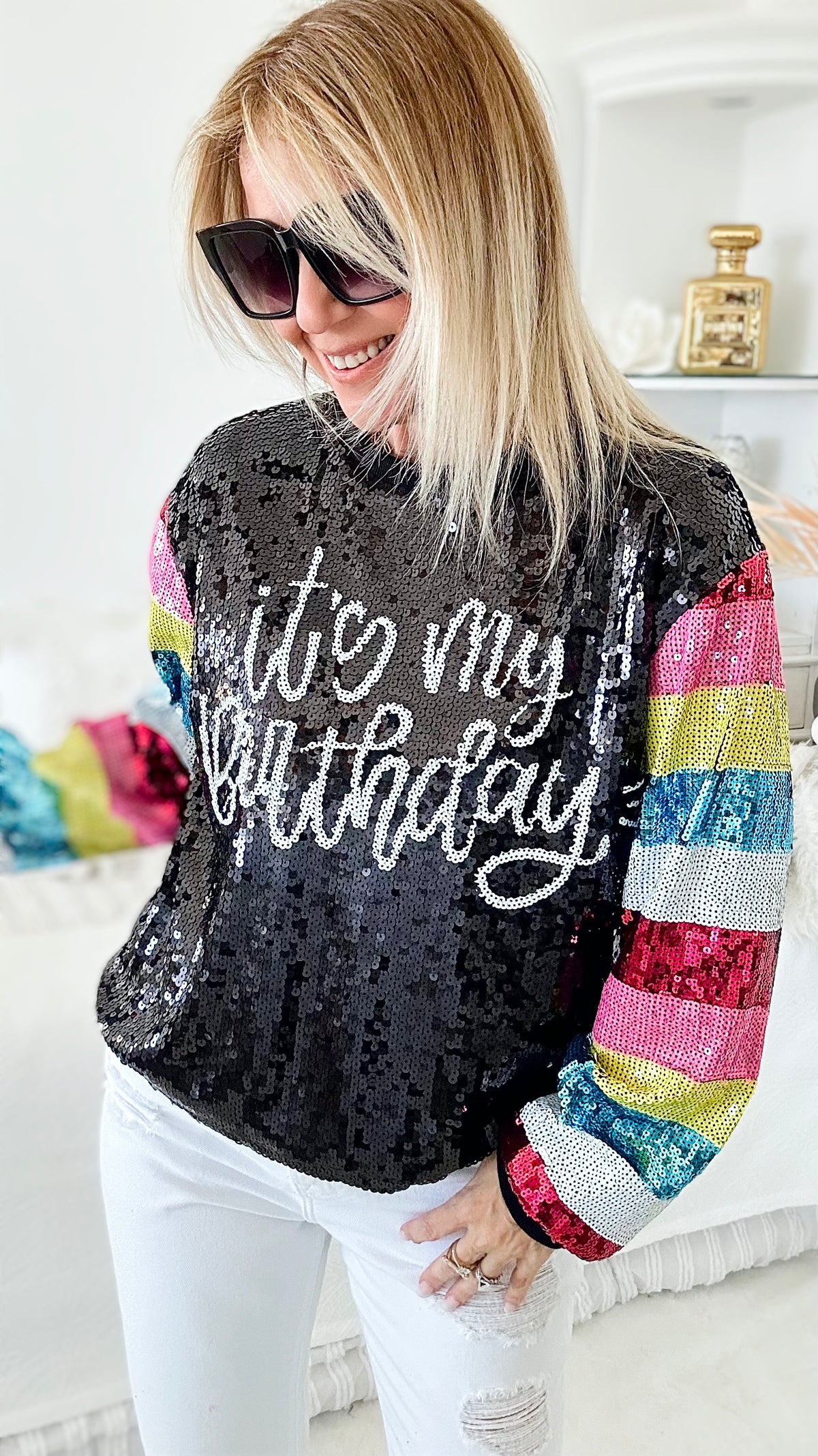 Bday Striped Sequin Top-130 Long Sleeve Tops-Why Dress-Coastal Bloom Boutique, find the trendiest versions of the popular styles and looks Located in Indialantic, FL
