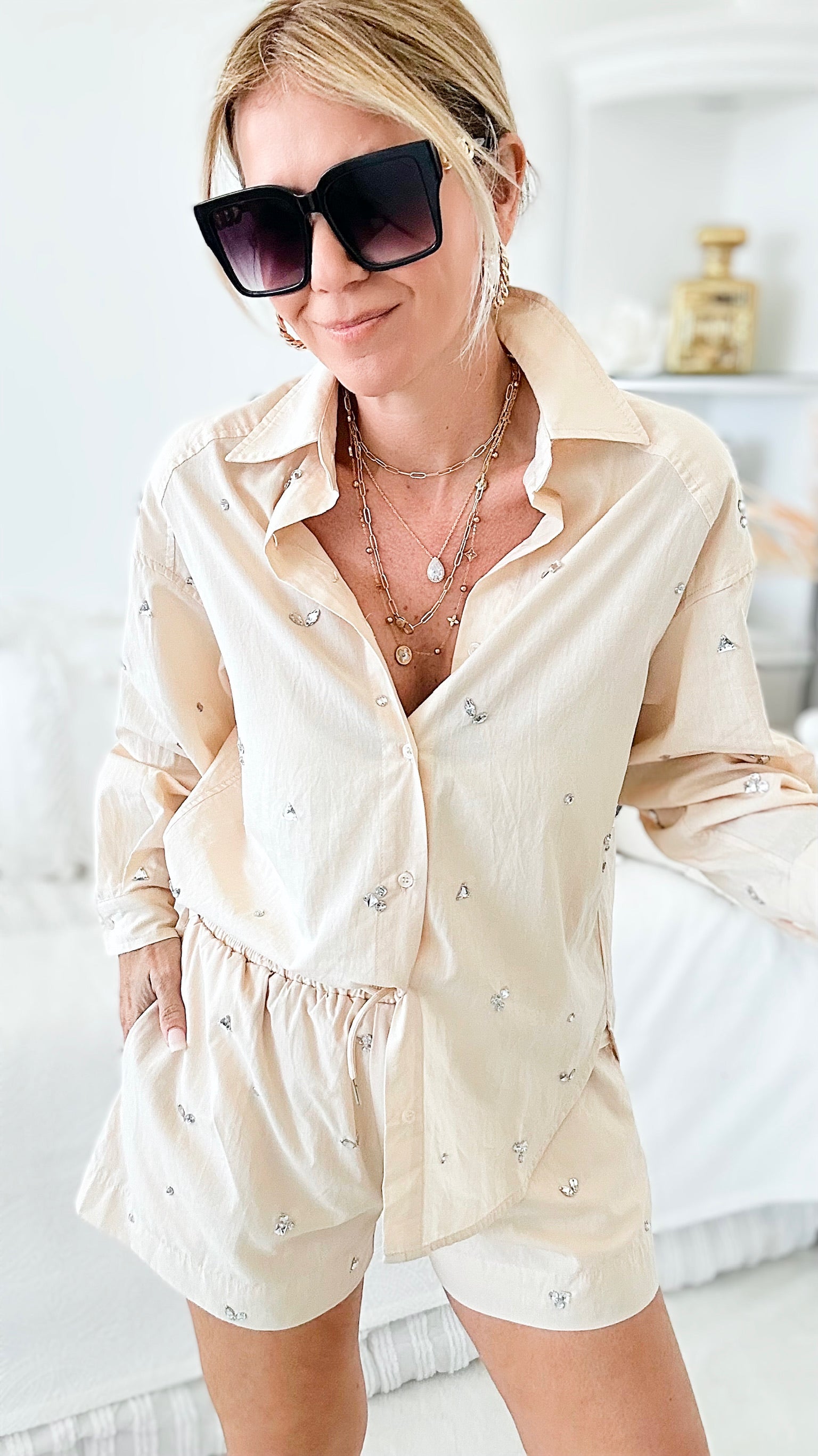 Girl Power Blouse Shorts Set - Beige-130 Long Sleeve Tops-BLUE B-Coastal Bloom Boutique, find the trendiest versions of the popular styles and looks Located in Indialantic, FL