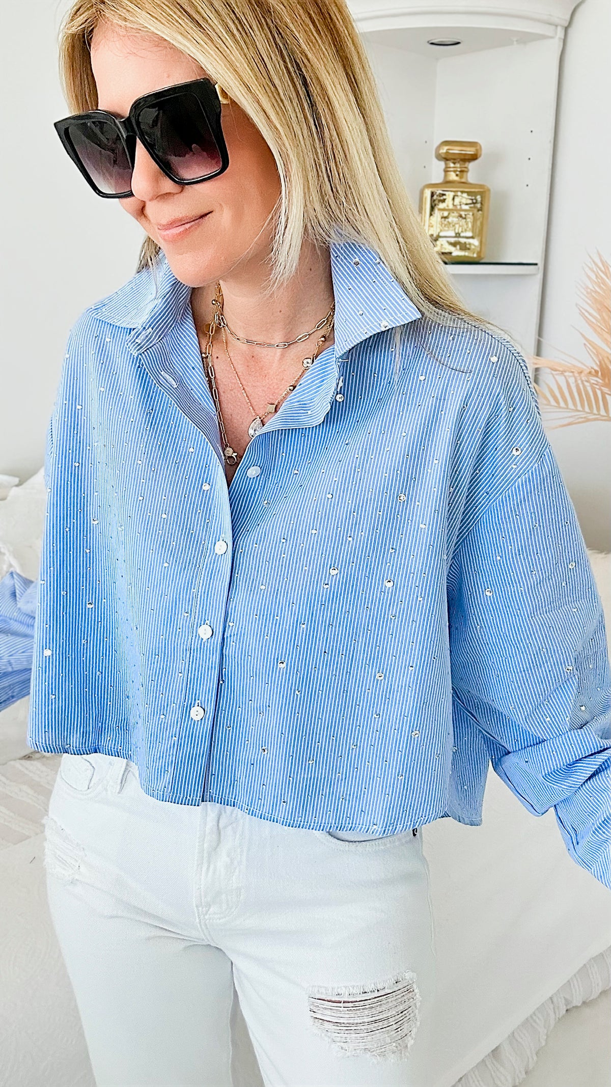 Pinstripe Poplin Rhinestone Crop Shirt - Blue-130 Long Sleeve Tops-BLUE B-Coastal Bloom Boutique, find the trendiest versions of the popular styles and looks Located in Indialantic, FL