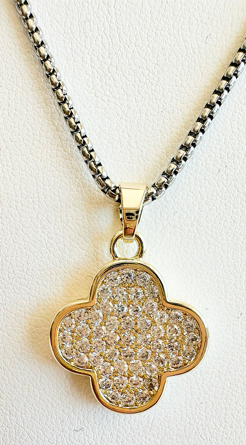 CZ Quatrefoil Two Tone Pendant Necklace-230 Jewelry-NYW-Coastal Bloom Boutique, find the trendiest versions of the popular styles and looks Located in Indialantic, FL
