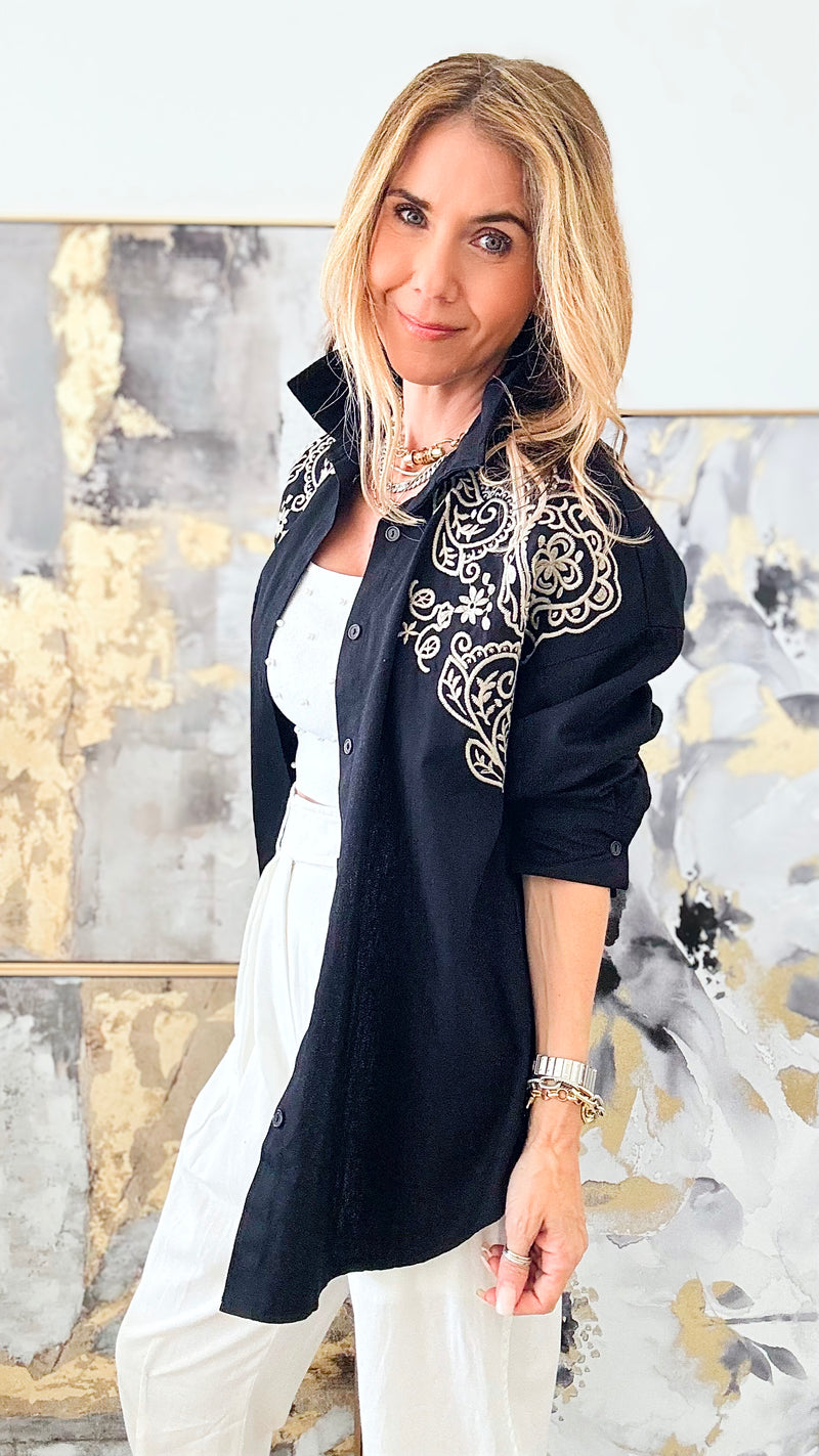 Embroidered Relaxed Button Down Top - Black-130 Long Sleeve Tops-TOUCHE PRIVE-Coastal Bloom Boutique, find the trendiest versions of the popular styles and looks Located in Indialantic, FL