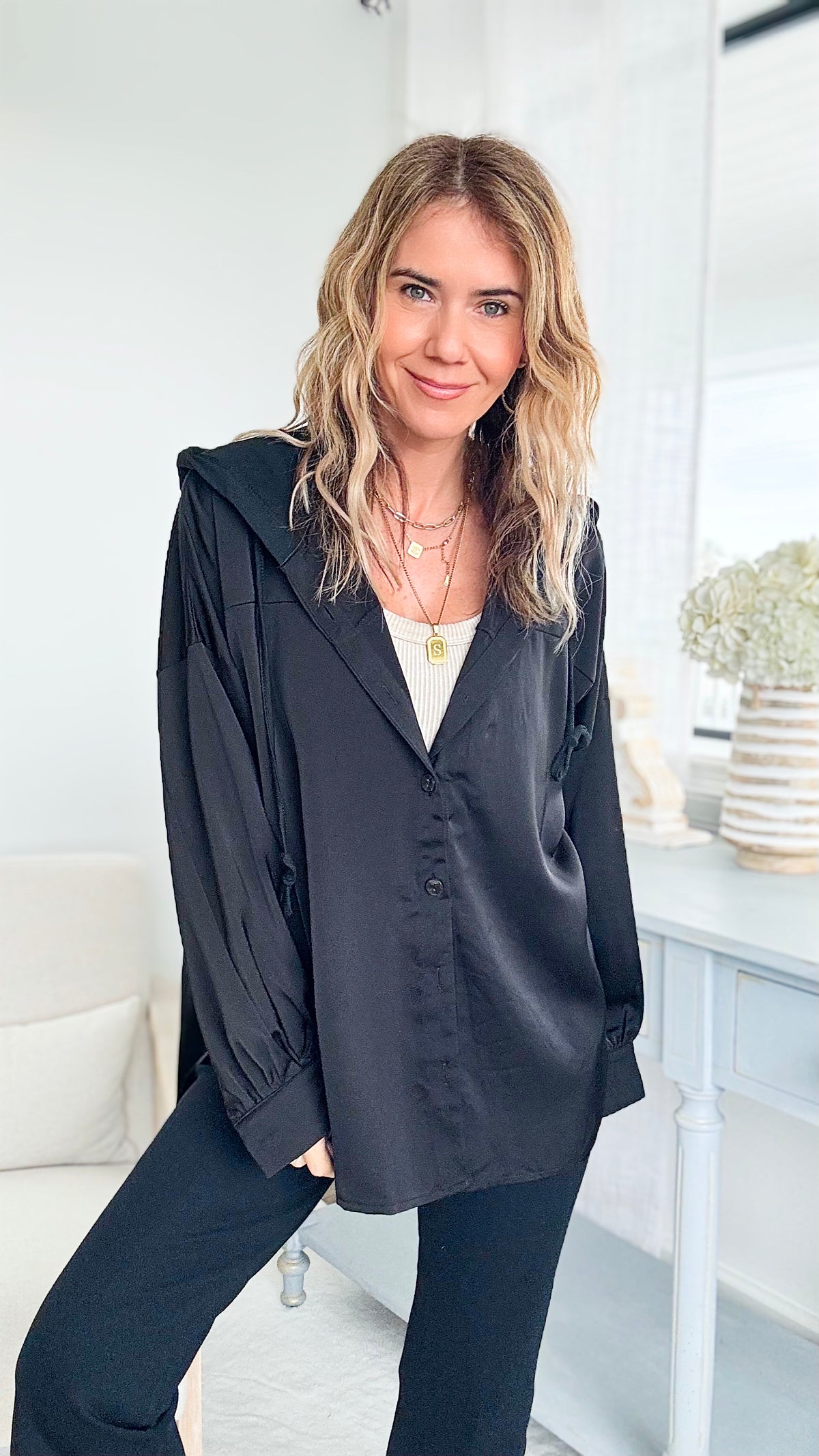 Button-Up Hoodie Shacket- Black-130 Long Sleeve Tops-Michel-Coastal Bloom Boutique, find the trendiest versions of the popular styles and looks Located in Indialantic, FL
