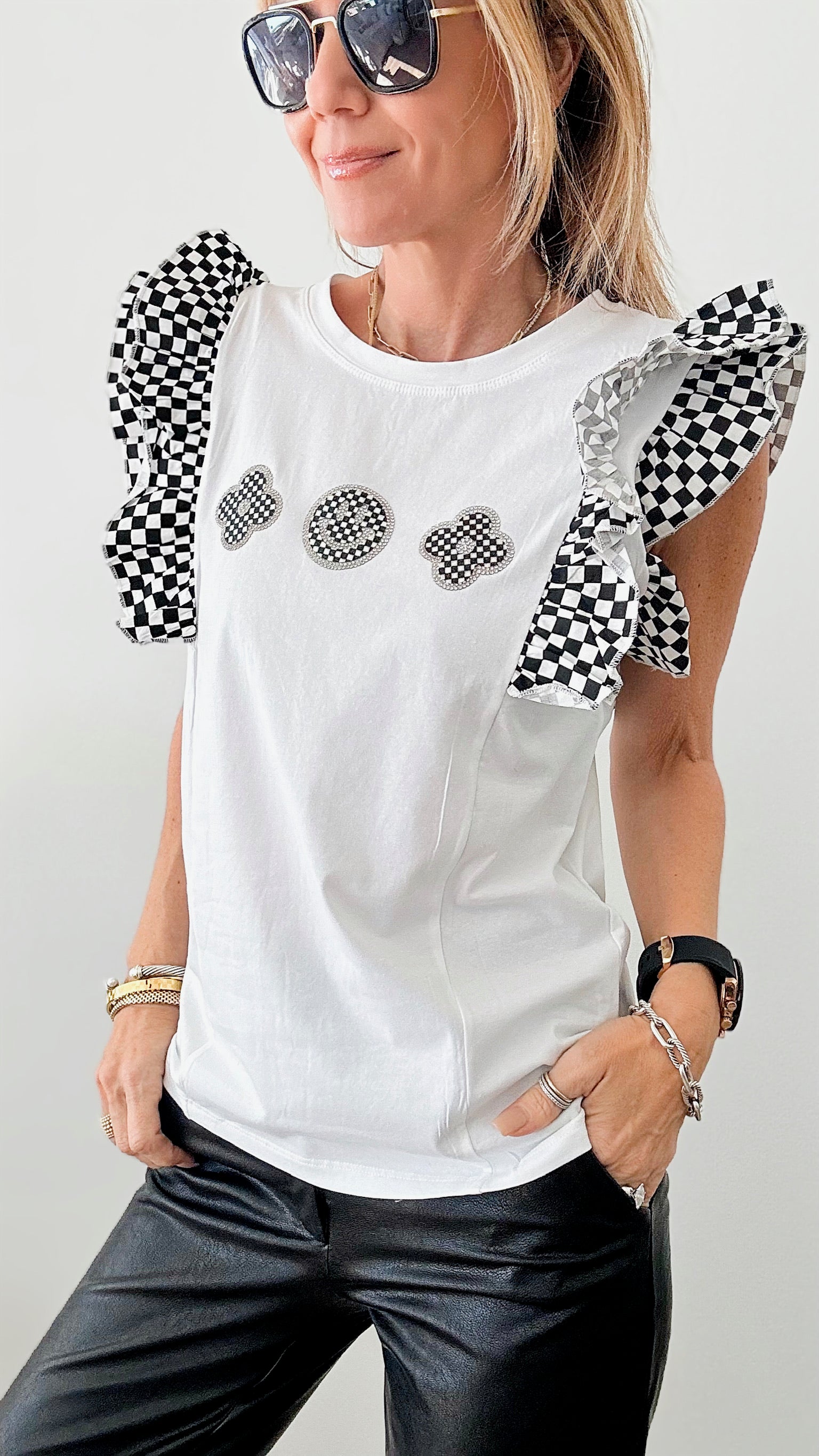Double Checker Ruffle Sleeve Top - White-110 Short Sleeve Tops-in2you-Coastal Bloom Boutique, find the trendiest versions of the popular styles and looks Located in Indialantic, FL