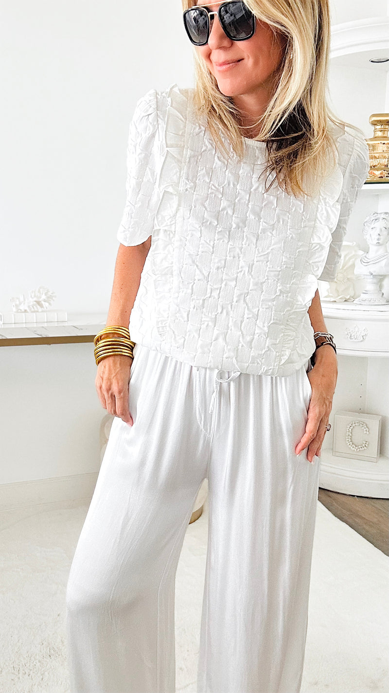 Angora Italian Satin Pant - White-170 Bottoms-Yolly-Coastal Bloom Boutique, find the trendiest versions of the popular styles and looks Located in Indialantic, FL