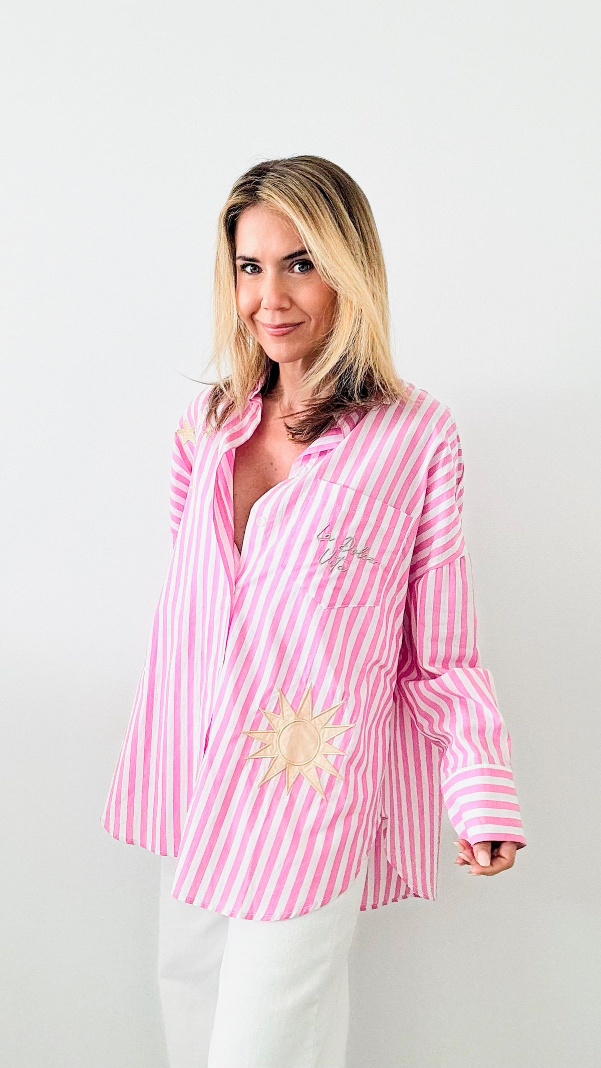 Sun + Shells Striped Italian Blouse - Pink-170 Bottoms-Germany-Coastal Bloom Boutique, find the trendiest versions of the popular styles and looks Located in Indialantic, FL