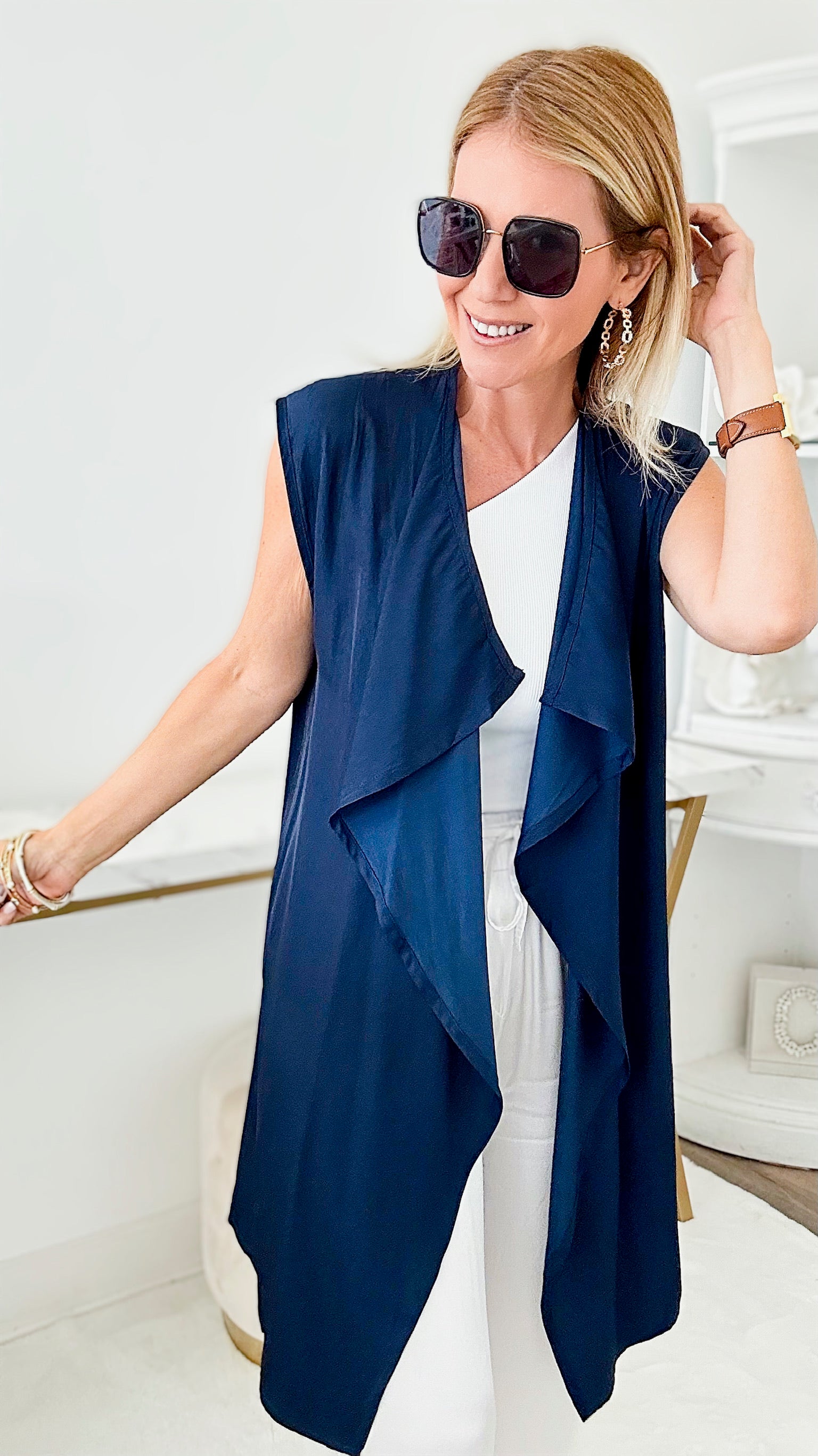 Waterfall Lapel Satin Vest - Navy-150 Cardigans/Layers-Wona-Coastal Bloom Boutique, find the trendiest versions of the popular styles and looks Located in Indialantic, FL