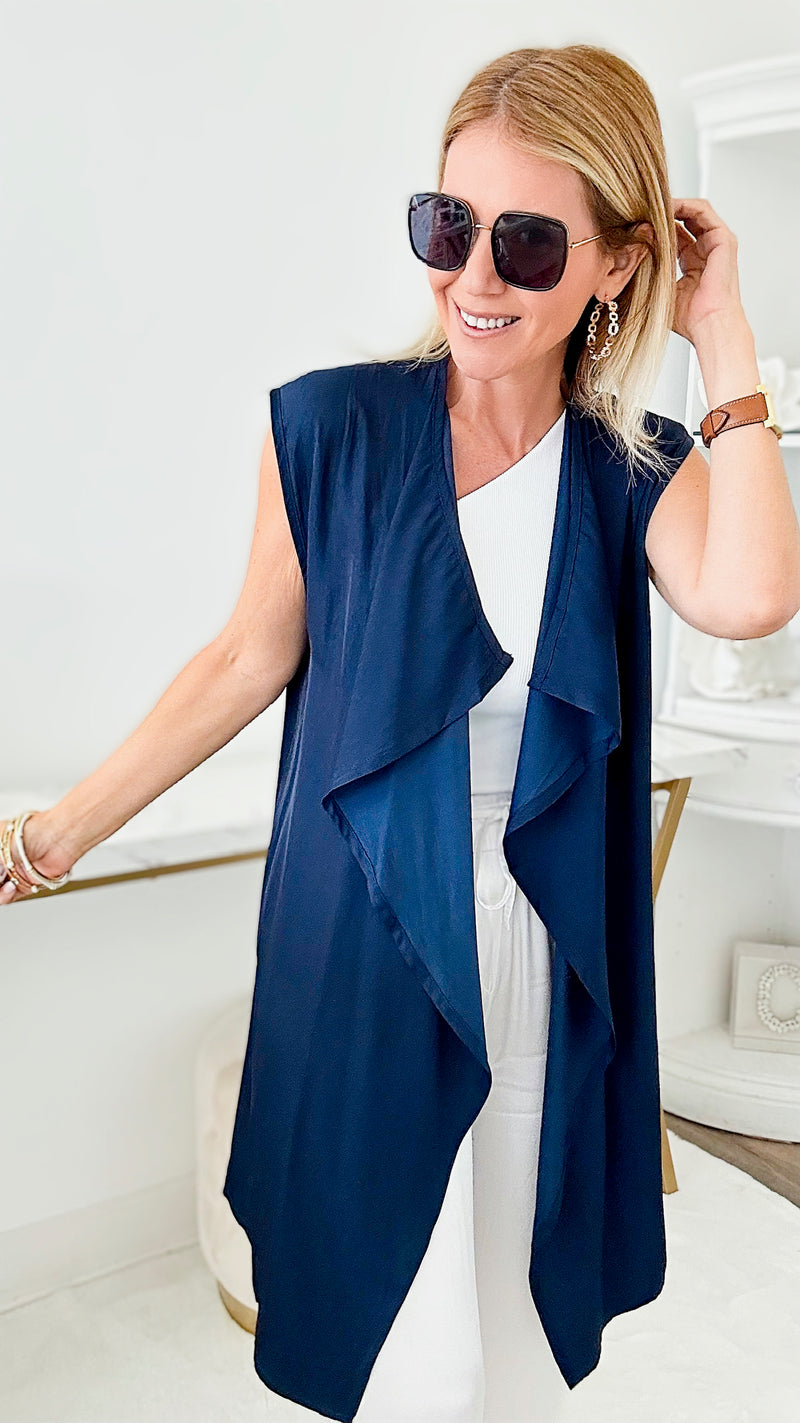 Waterfall Lapel Satin Vest - Navy-150 Cardigans/Layers-Wona-Coastal Bloom Boutique, find the trendiest versions of the popular styles and looks Located in Indialantic, FL