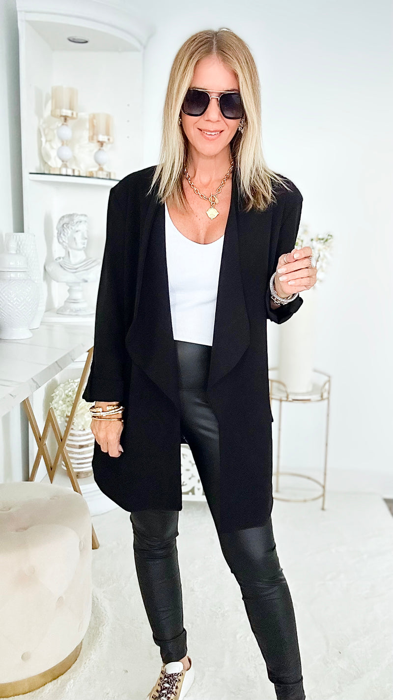 Boyfriend Waterfall Blazer - Black-150 Cardigans/Layers-BOOM BOOM JEANS-Coastal Bloom Boutique, find the trendiest versions of the popular styles and looks Located in Indialantic, FL
