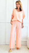 Elastic Waist Italian Palazzo - Salmon-pants-Venti6 Outlet-Coastal Bloom Boutique, find the trendiest versions of the popular styles and looks Located in Indialantic, FL