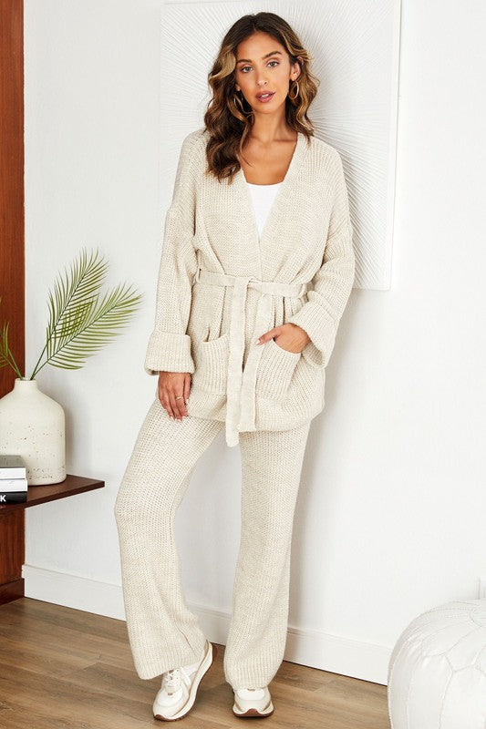 Cable Knit Pant Cardigan Cozy Set - Beige-210 Loungewear/Sets-Venti6 Outlet-Coastal Bloom Boutique, find the trendiest versions of the popular styles and looks Located in Indialantic, FL