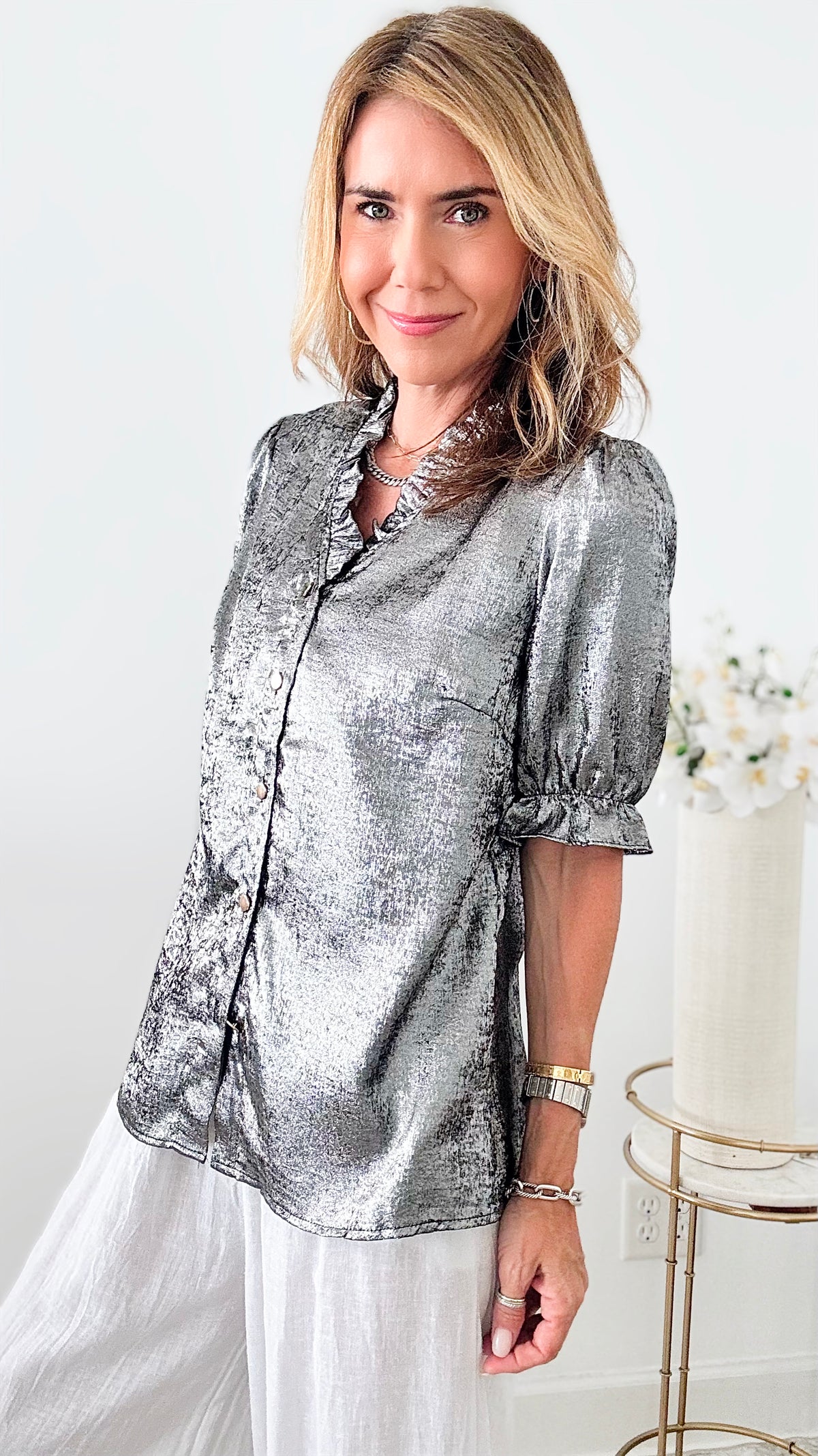 Metallic Ruffle Detailed Blouse - Silver-110 Short Sleeve Tops-original usa-Coastal Bloom Boutique, find the trendiest versions of the popular styles and looks Located in Indialantic, FL