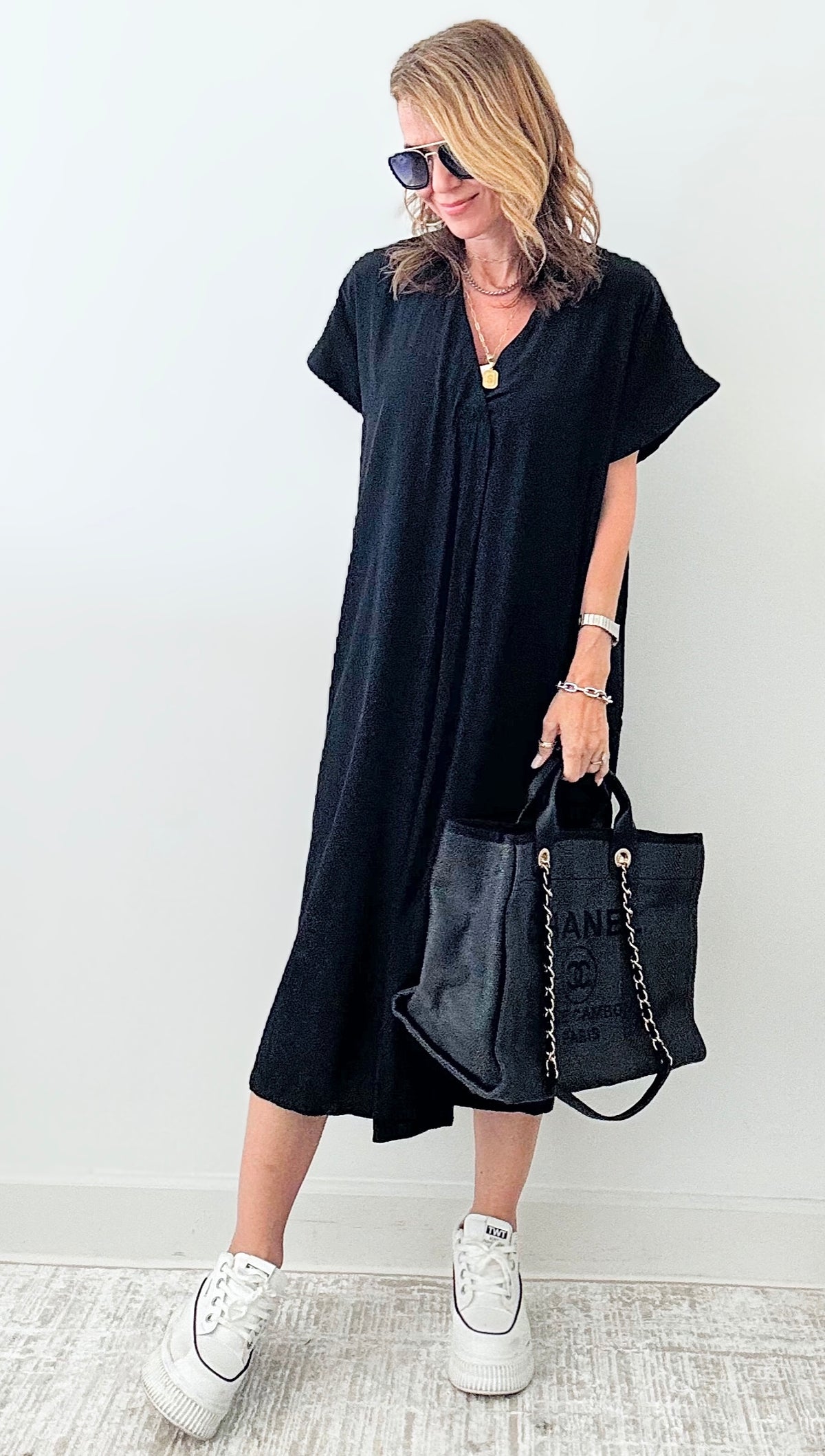 Lightweight V-Neck Dress - Black-200 dresses/jumpsuits/rompers-original usa-Coastal Bloom Boutique, find the trendiest versions of the popular styles and looks Located in Indialantic, FL
