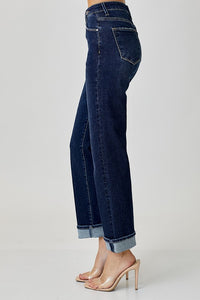 High Rise Cross Over Straight Leg Jeans - Dark-170 Bottoms-RISEN JEANS-Coastal Bloom Boutique, find the trendiest versions of the popular styles and looks Located in Indialantic, FL