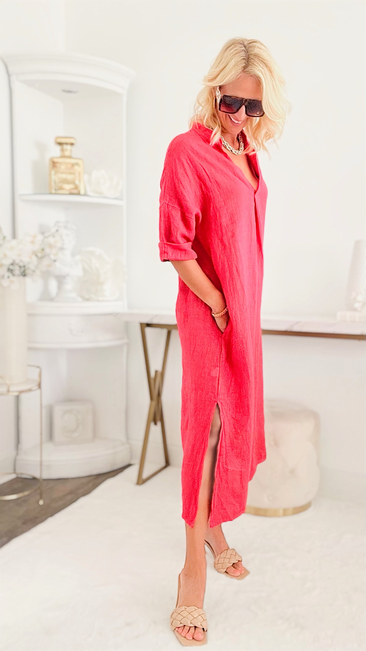 Pocketed Linen Tunic Italian Dress - Spanish Crimson-200 Dresses/Jumpsuits/Rompers-Yolly-Coastal Bloom Boutique, find the trendiest versions of the popular styles and looks Located in Indialantic, FL