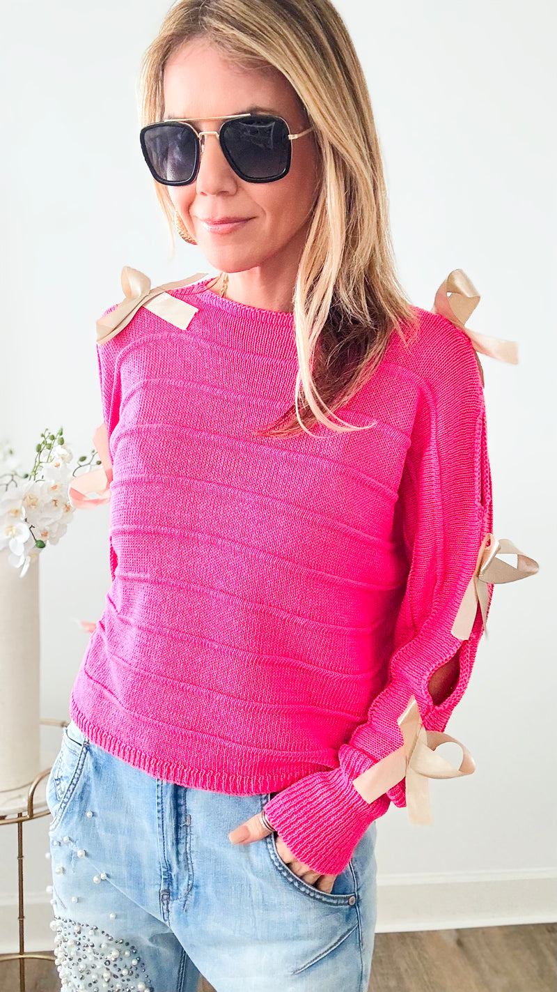 Satin Elegance Italian Sweater - Fuchsia-140 Sweaters-Italianissimo-Coastal Bloom Boutique, find the trendiest versions of the popular styles and looks Located in Indialantic, FL