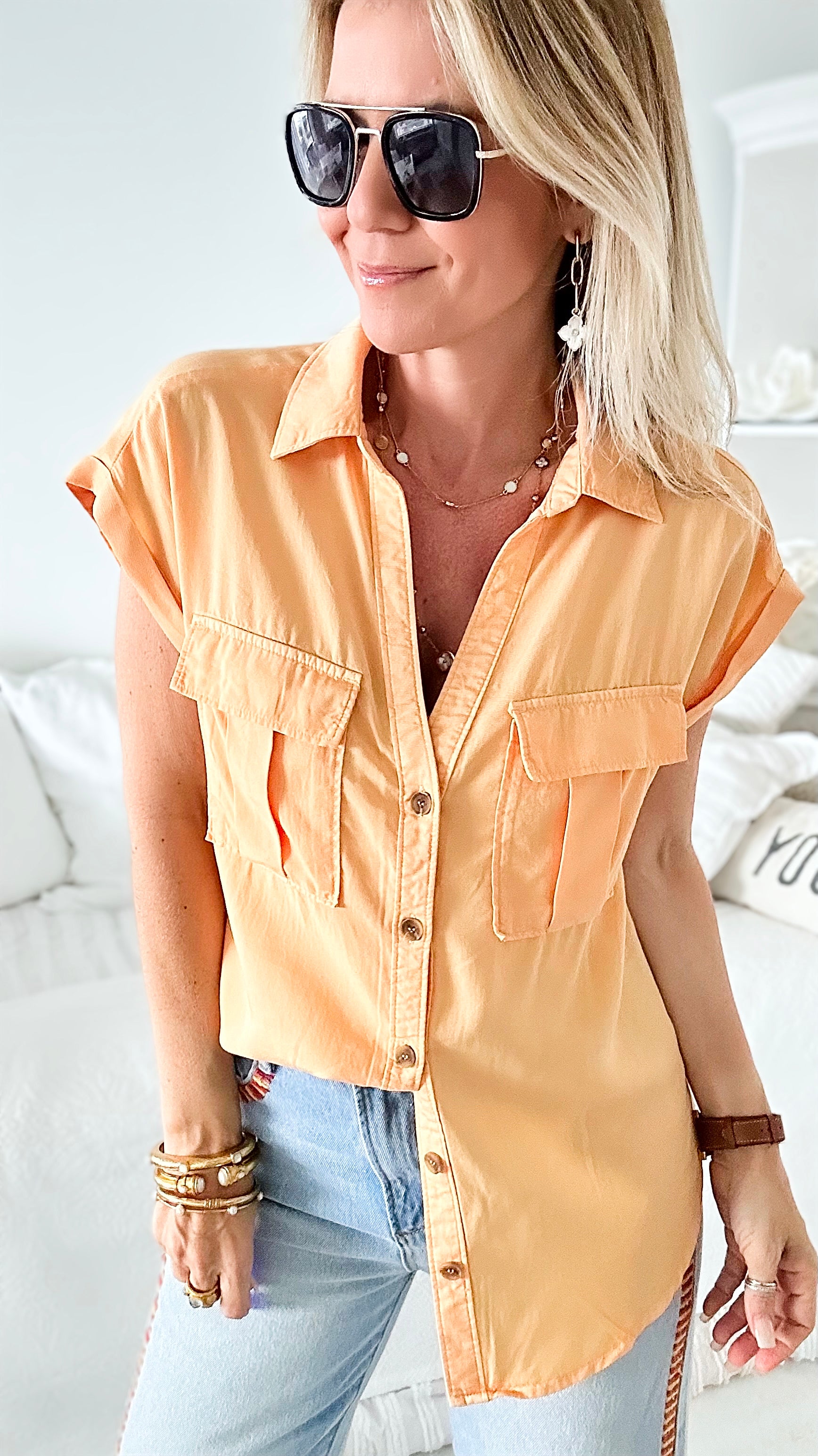 Mattawa Button Front Top - Mango Sorbet-110 Short Sleeve Tops-Love Tree Fashion-Coastal Bloom Boutique, find the trendiest versions of the popular styles and looks Located in Indialantic, FL