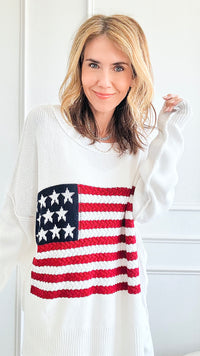Flag Cable Knit Top - White-140 Sweaters-Miracle-Coastal Bloom Boutique, find the trendiest versions of the popular styles and looks Located in Indialantic, FL