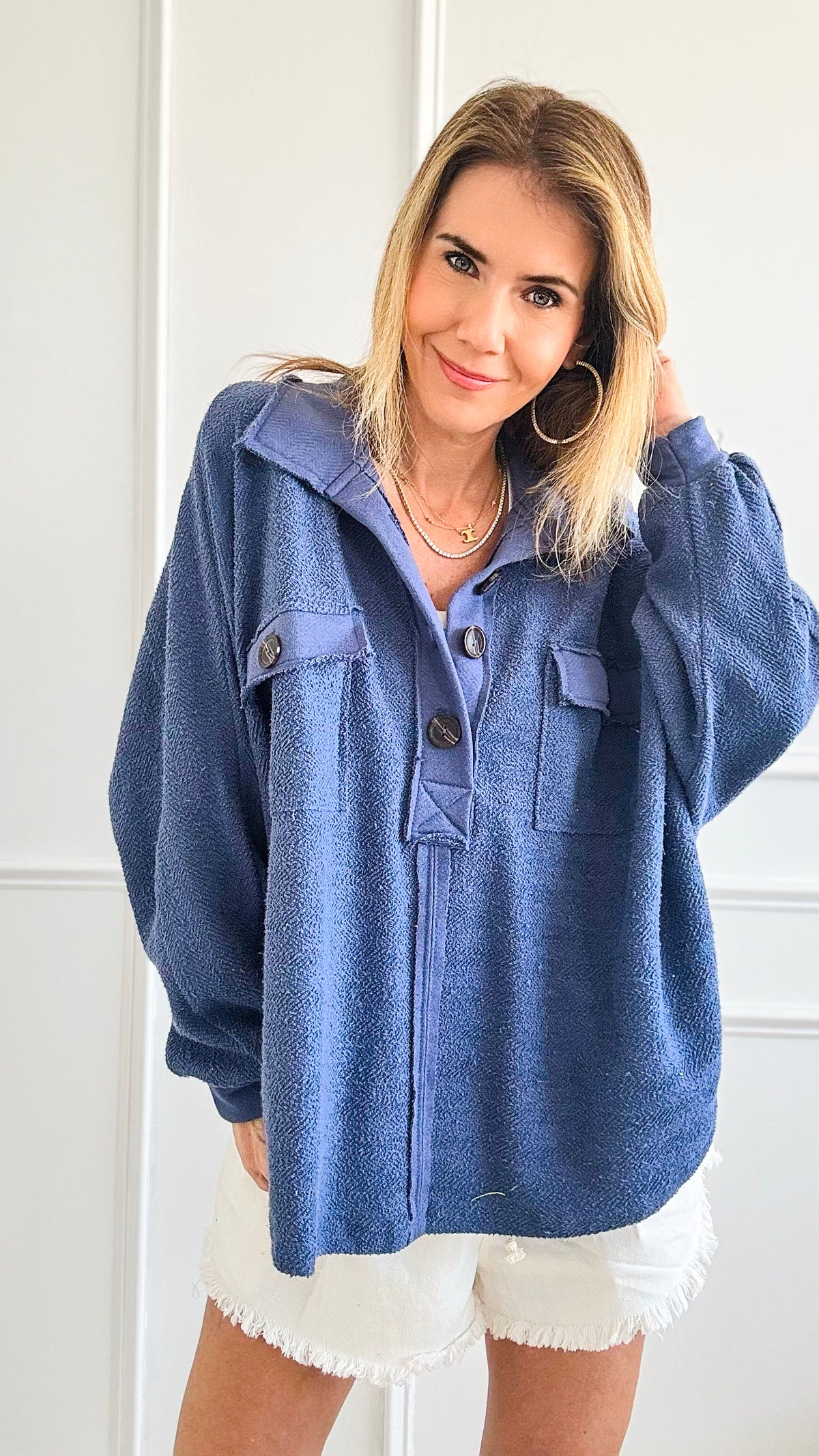 Oversized Texture Knit Sweatshirt - Navy-130 Long Sleeve Tops-BucketList-Coastal Bloom Boutique, find the trendiest versions of the popular styles and looks Located in Indialantic, FL