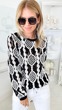 Pirouette Lace Black Sweatshirt-130 Long Sleeve Tops-See and Be Seen-Coastal Bloom Boutique, find the trendiest versions of the popular styles and looks Located in Indialantic, FL
