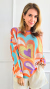 Italian St Tropez Multi Heart - Orange-130 Long Sleeve Tops-Italianissimo-Coastal Bloom Boutique, find the trendiest versions of the popular styles and looks Located in Indialantic, FL