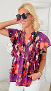 Rich in Color Floral V-Neck Blouse-110 Short Sleeve Tops-entro-Coastal Bloom Boutique, find the trendiest versions of the popular styles and looks Located in Indialantic, FL