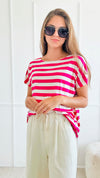 Striped Italian Tee - Fuchsia /White-110 Short Sleeve Tops-Italianissimo-Coastal Bloom Boutique, find the trendiest versions of the popular styles and looks Located in Indialantic, FL