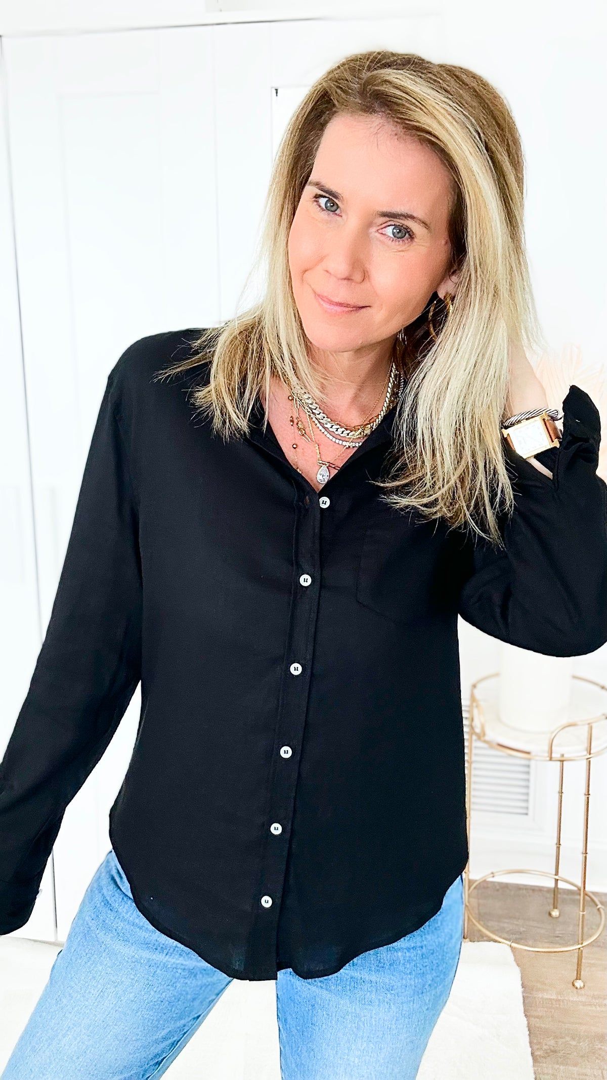 Linen Solid Fit Blouse - Black-130 Long Sleeve Tops-Love Tree Fashion-Coastal Bloom Boutique, find the trendiest versions of the popular styles and looks Located in Indialantic, FL