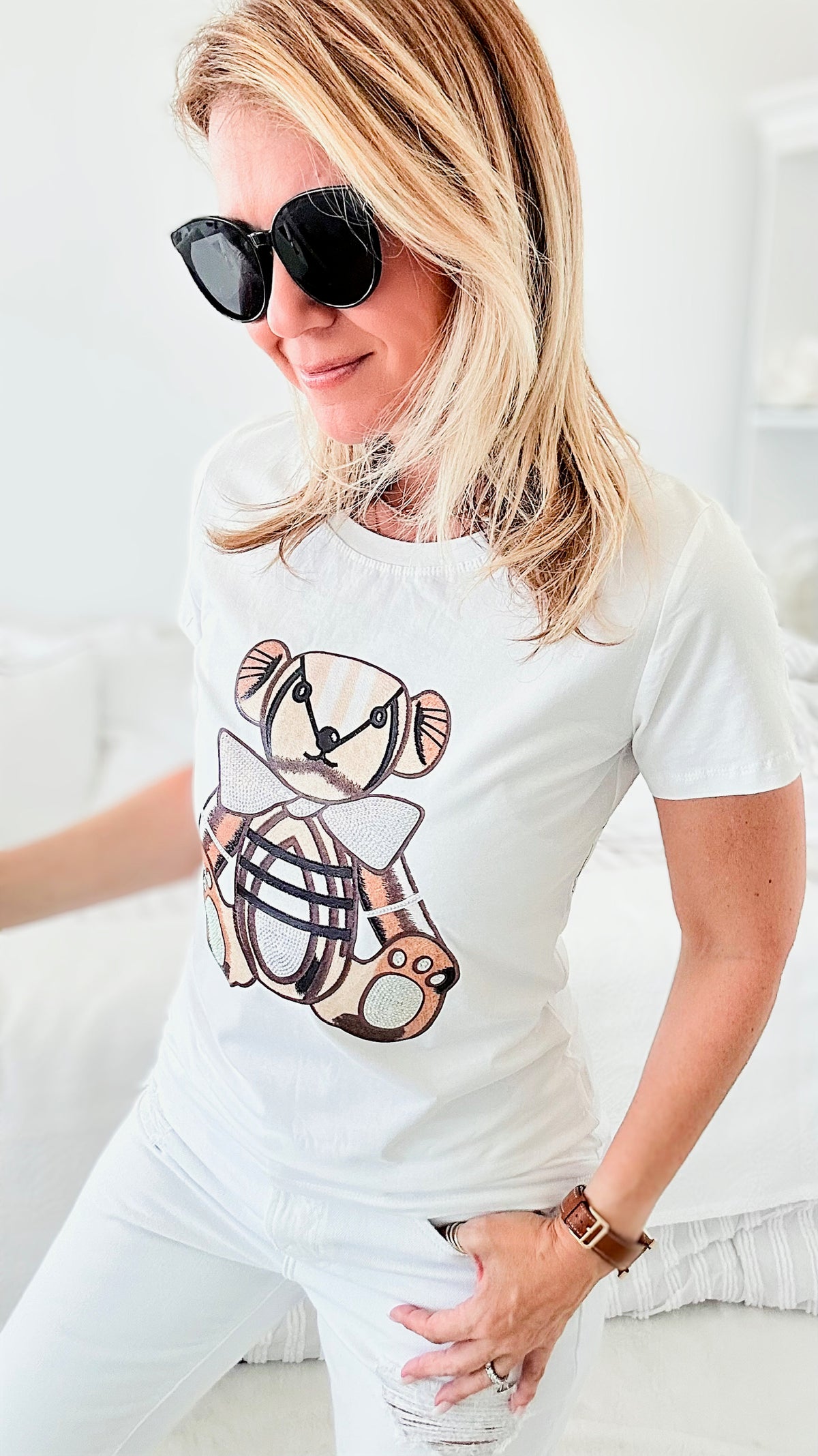 Blinged Teddy Tee - White-110 Short Sleeve Tops-IN2YOU-Coastal Bloom Boutique, find the trendiest versions of the popular styles and looks Located in Indialantic, FL