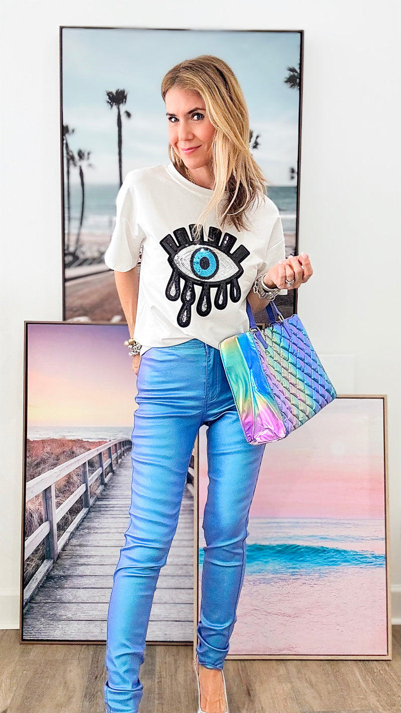 Metallic Skinny Long Denim Jean - Metallic Sky Blue-170 Bottoms-2BE FASHION-Coastal Bloom Boutique, find the trendiest versions of the popular styles and looks Located in Indialantic, FL