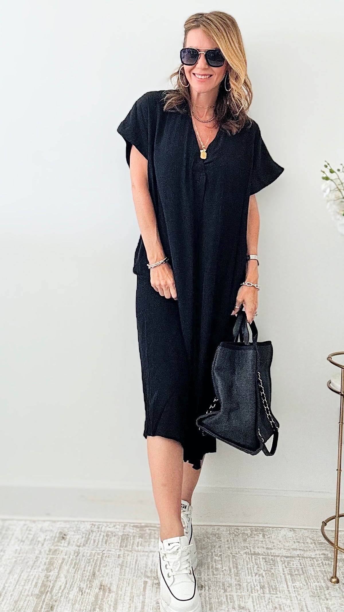 Lightweight V-Neck Dress - Black-200 dresses/jumpsuits/rompers-original usa-Coastal Bloom Boutique, find the trendiest versions of the popular styles and looks Located in Indialantic, FL