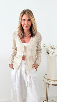 Diamond Pointelle Knit Front Tie Cardigan - Beige-150 Cardigan Layers-original usa-Coastal Bloom Boutique, find the trendiest versions of the popular styles and looks Located in Indialantic, FL