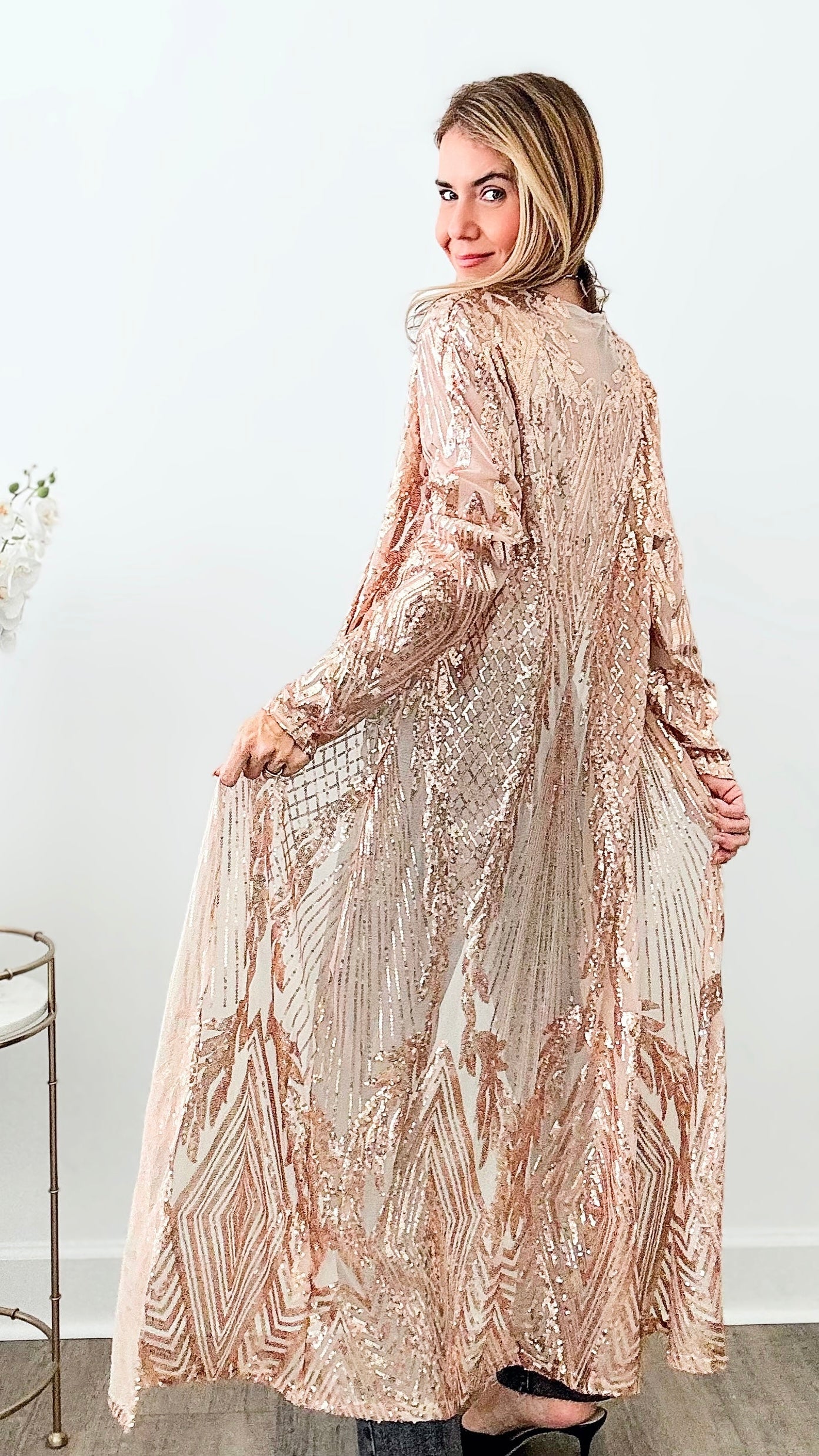 Sequin Leaves Pattern Long Kimono - Rose Gold-150 Cardigans/Layers-Wona Trading-Coastal Bloom Boutique, find the trendiest versions of the popular styles and looks Located in Indialantic, FL