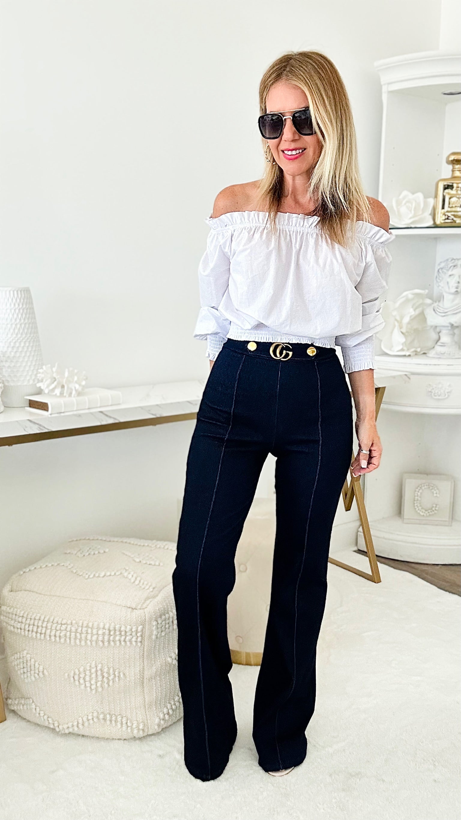 High Waist Wide Stretch Pants - Dark Blue-170 Bottoms-VALENTINE-Coastal Bloom Boutique, find the trendiest versions of the popular styles and looks Located in Indialantic, FL