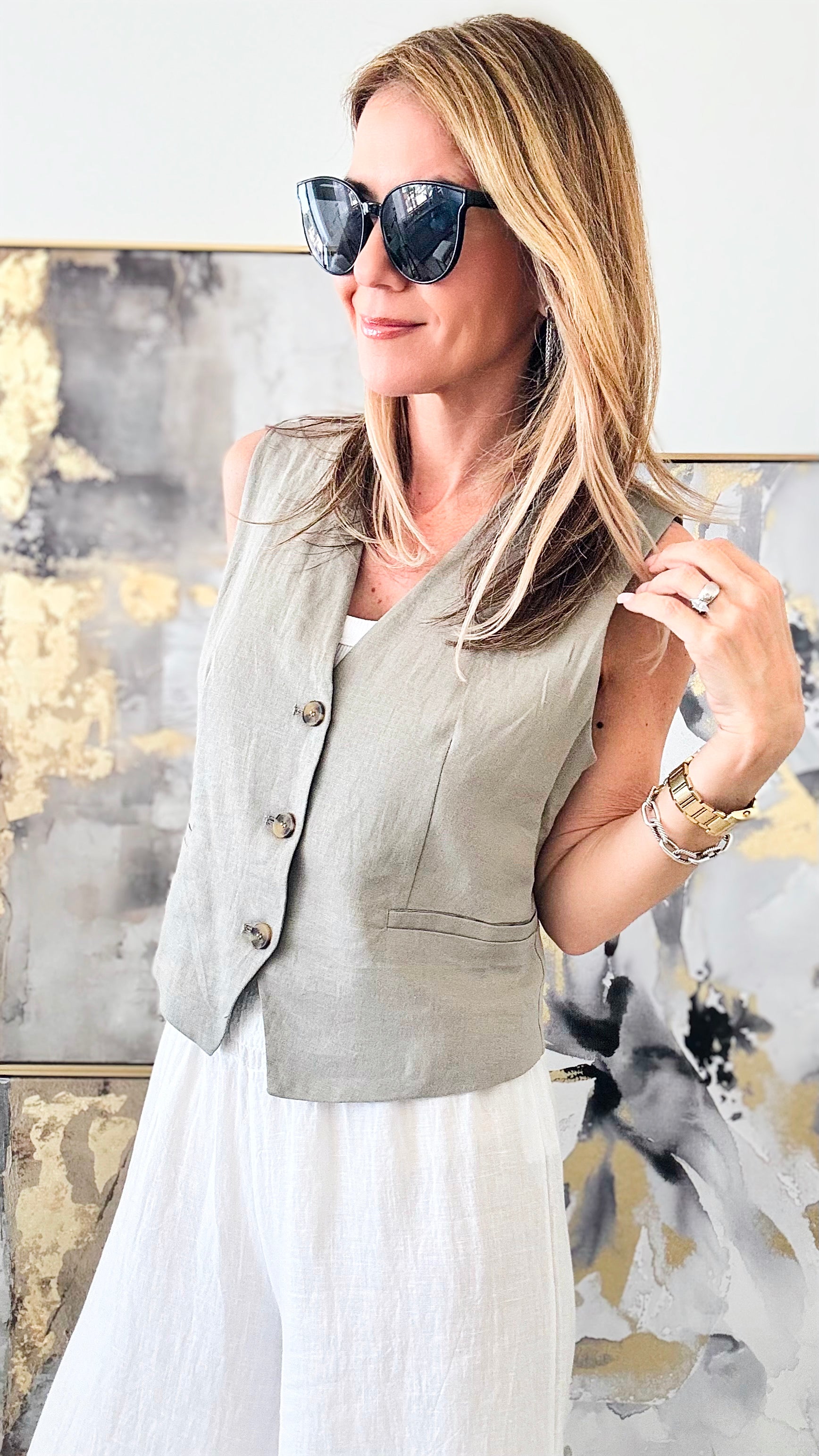 Linen Button Down Vest Top - Greystone-160 Jackets-LOVE TREE-Coastal Bloom Boutique, find the trendiest versions of the popular styles and looks Located in Indialantic, FL