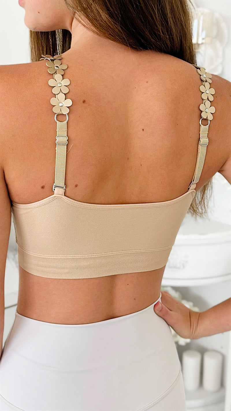 One Size Nude with Vegan Gold Flowers Plunge Bra-220 Intimates-Strap-its-Coastal Bloom Boutique, find the trendiest versions of the popular styles and looks Located in Indialantic, FL