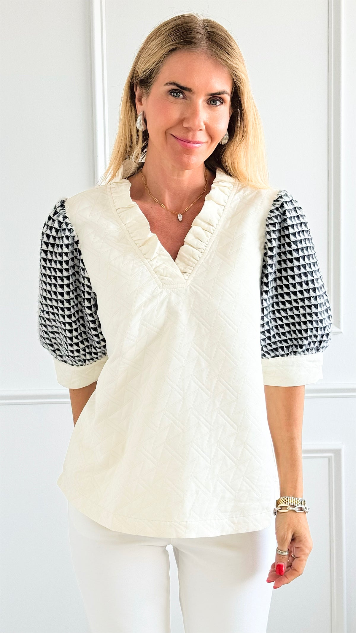 Puff Sleeves Ruffle V-Neck Top-Ivory-110 Short Sleeve Tops-VOY-Coastal Bloom Boutique, find the trendiest versions of the popular styles and looks Located in Indialantic, FL