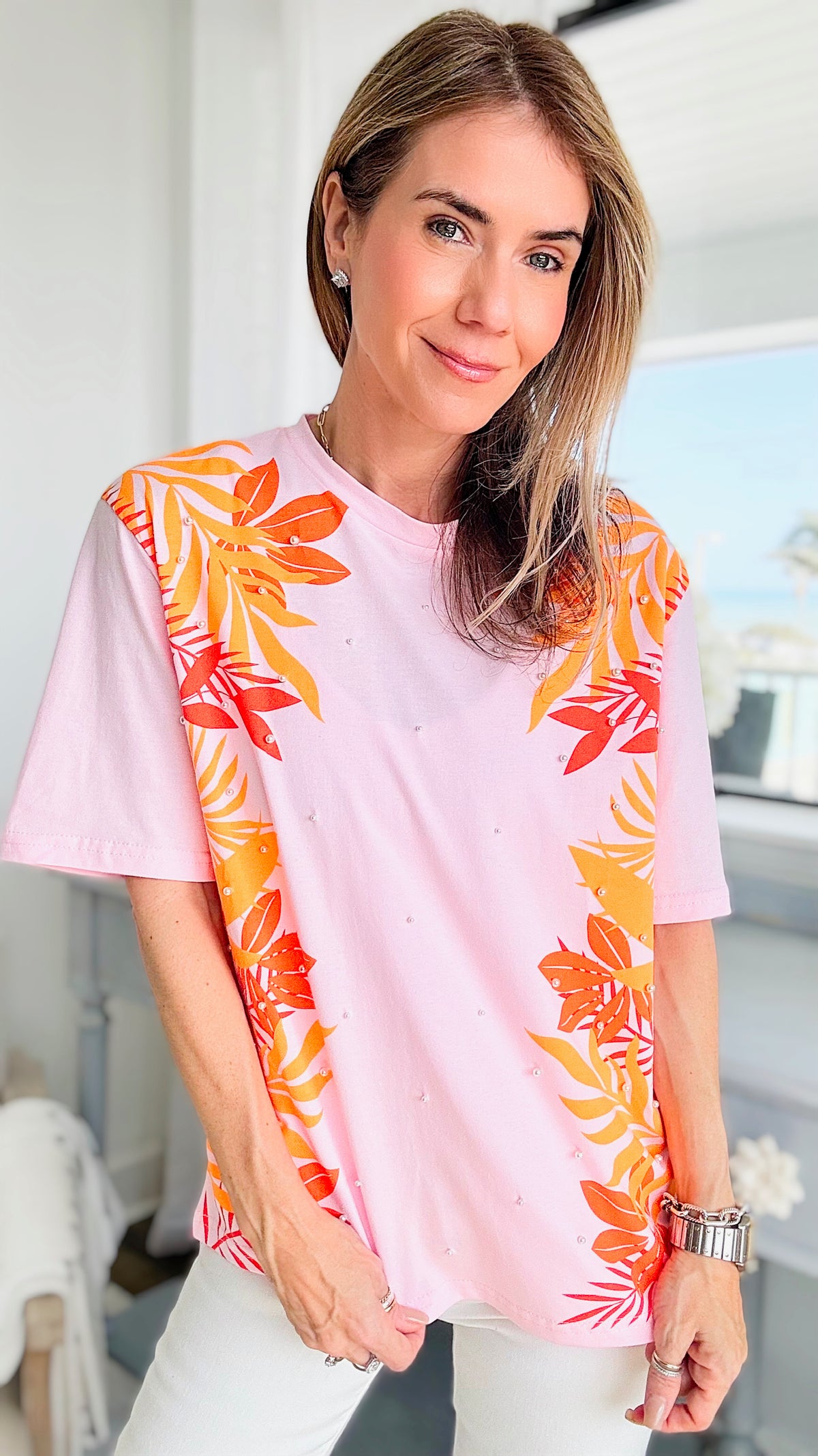 Sunset Palm Tree Pearl Embellished T-Shirt-110 Short Sleeve Tops-On Twelfth-Coastal Bloom Boutique, find the trendiest versions of the popular styles and looks Located in Indialantic, FL