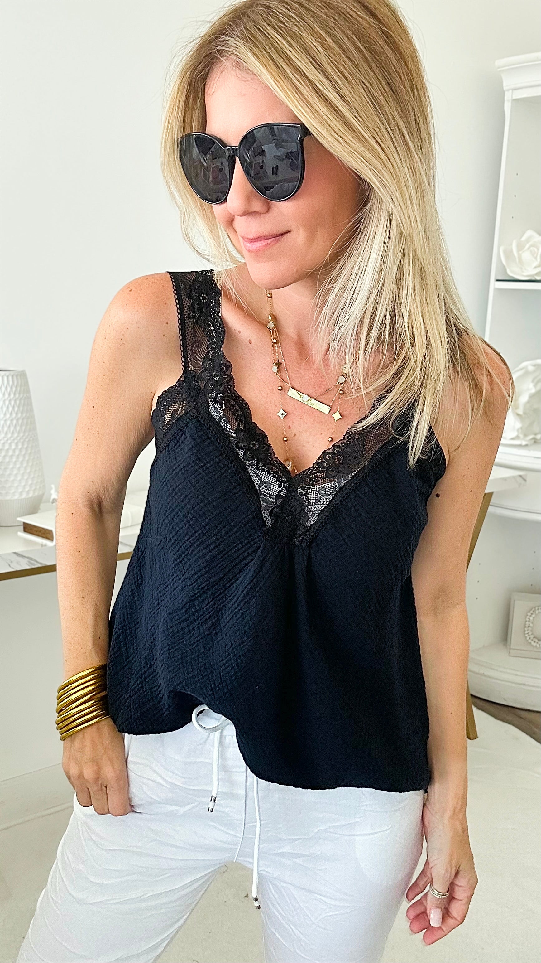 Elegant Lace & Crinkle Italian Top - Black-100 Sleeveless Tops-Yolly-Coastal Bloom Boutique, find the trendiest versions of the popular styles and looks Located in Indialantic, FL