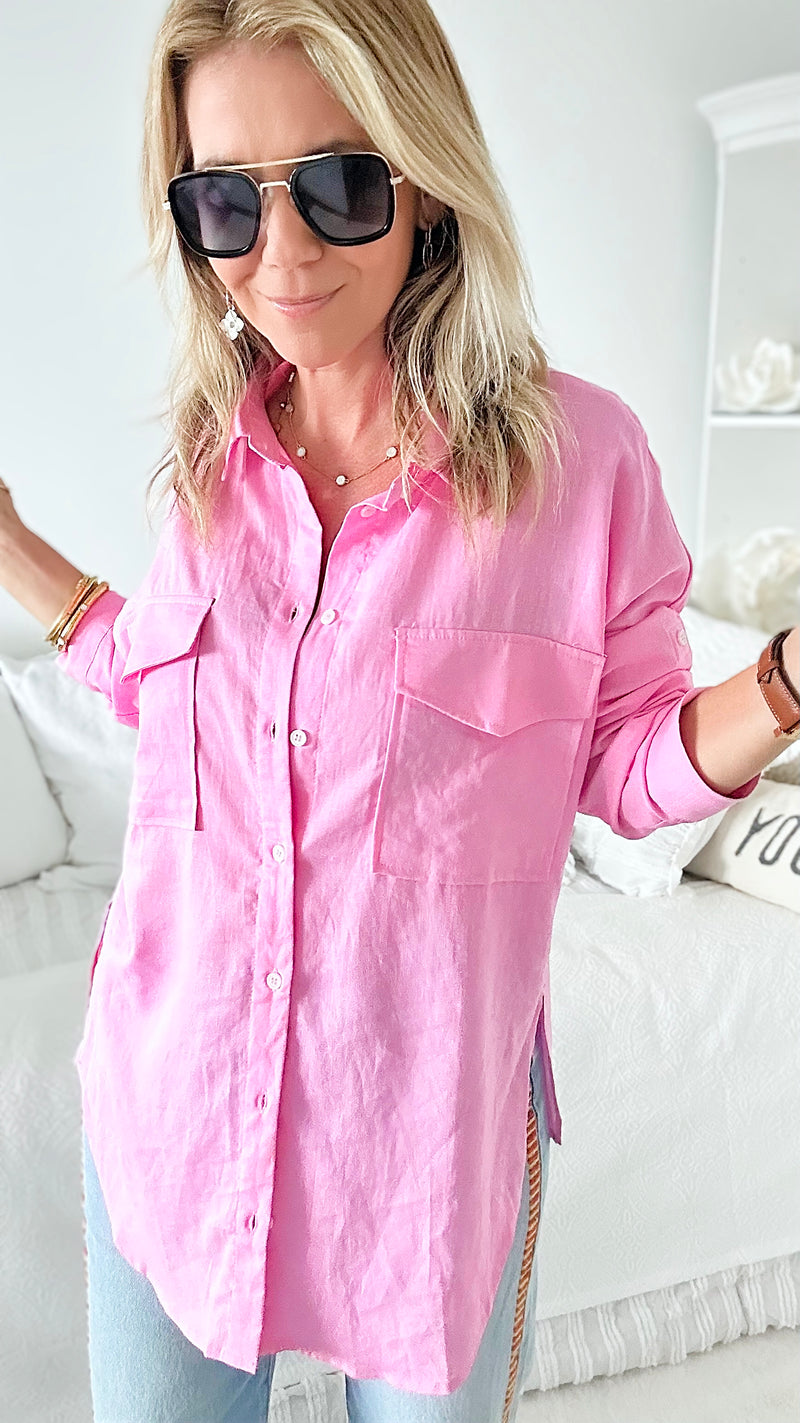 Oversized Double Pocket Blouse - Pink-130 Long Sleeve Tops-Love Tree Fashion-Coastal Bloom Boutique, find the trendiest versions of the popular styles and looks Located in Indialantic, FL