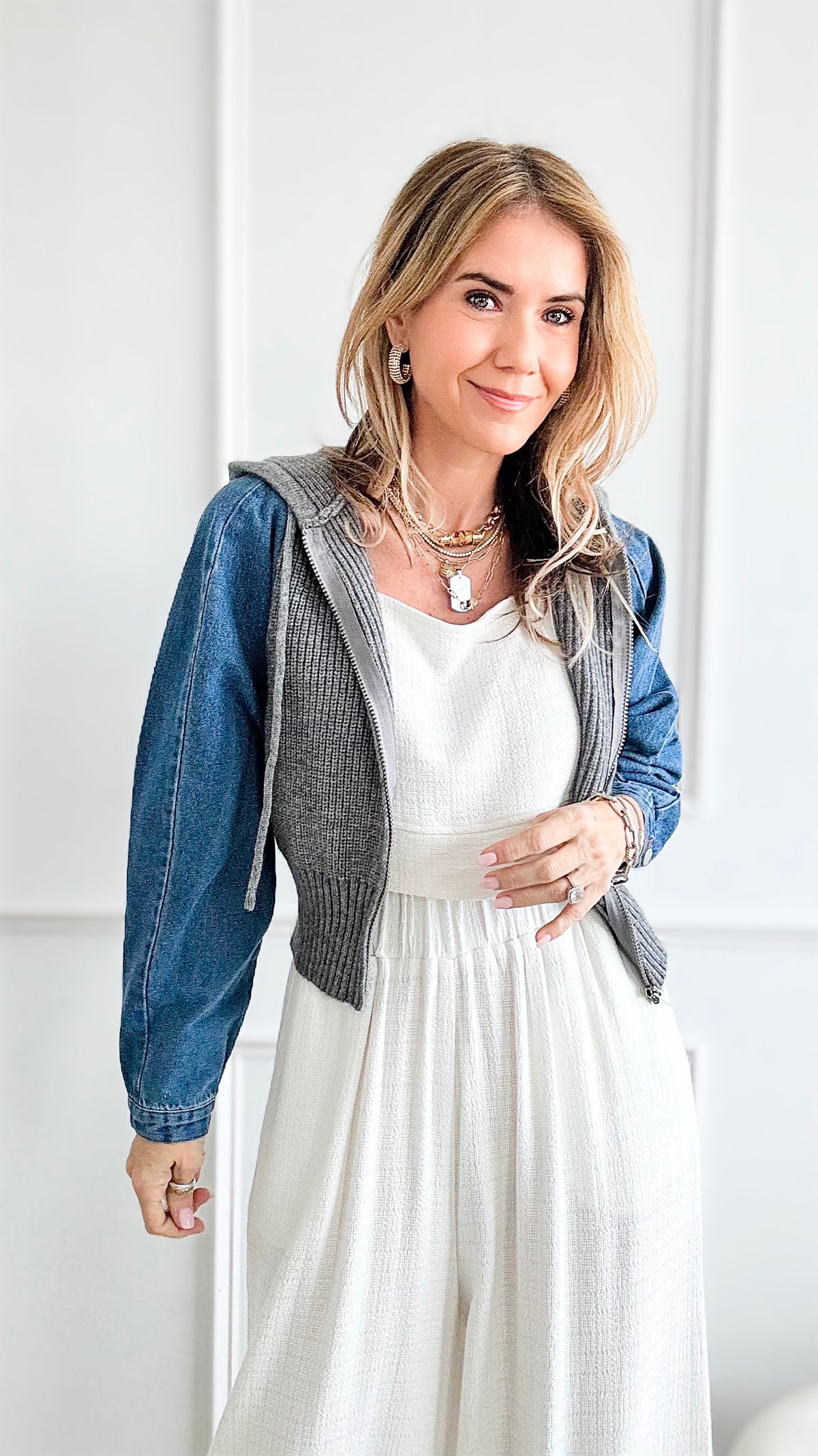 Hooded Zip Up Contrast Denim Jacket-160 Jackets-Rousseau-Coastal Bloom Boutique, find the trendiest versions of the popular styles and looks Located in Indialantic, FL