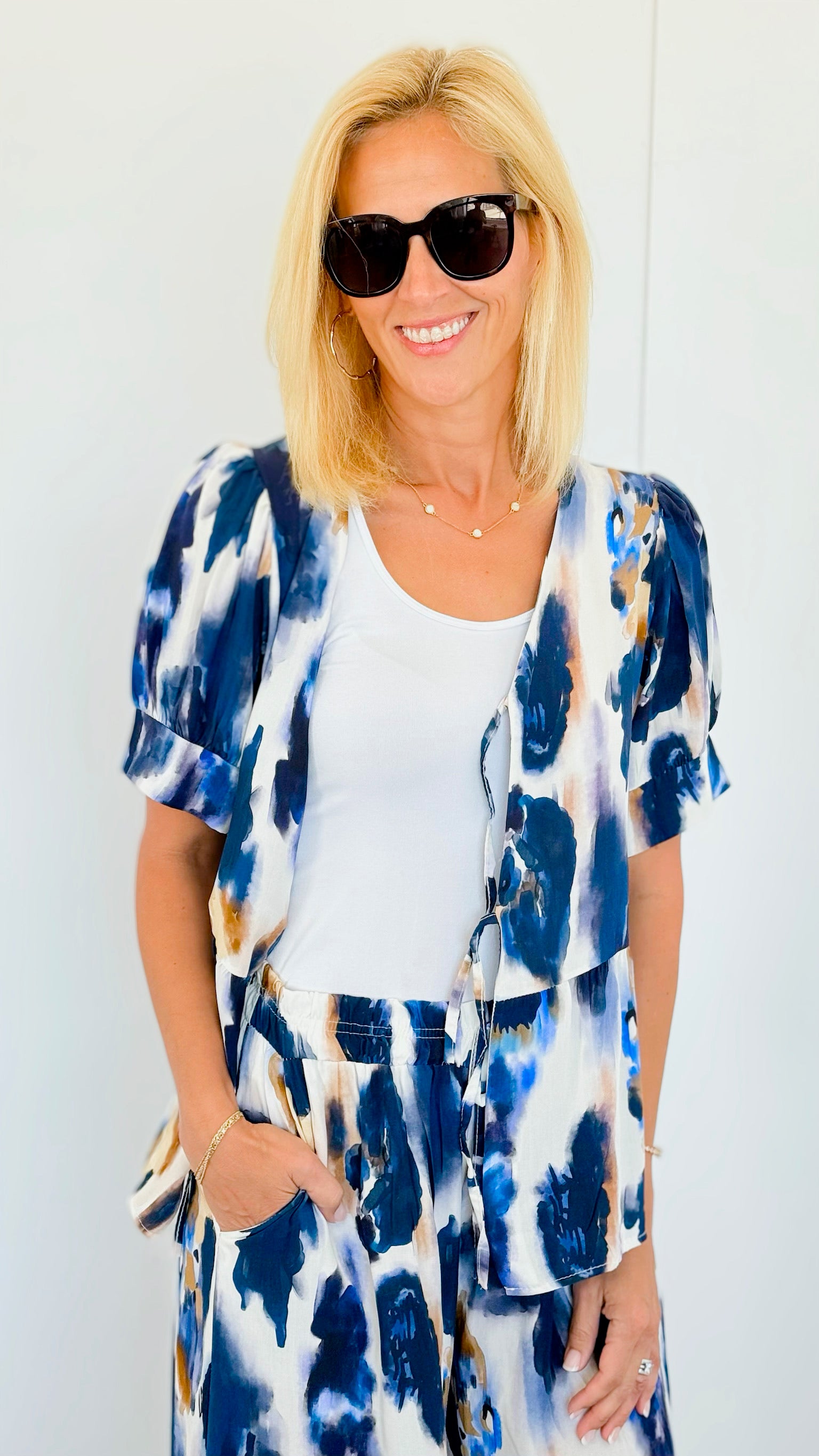 Mystic Watercolor Italian Tie Front Jacket - Navy-160 Jackets-Italianissimo-Coastal Bloom Boutique, find the trendiest versions of the popular styles and looks Located in Indialantic, FL