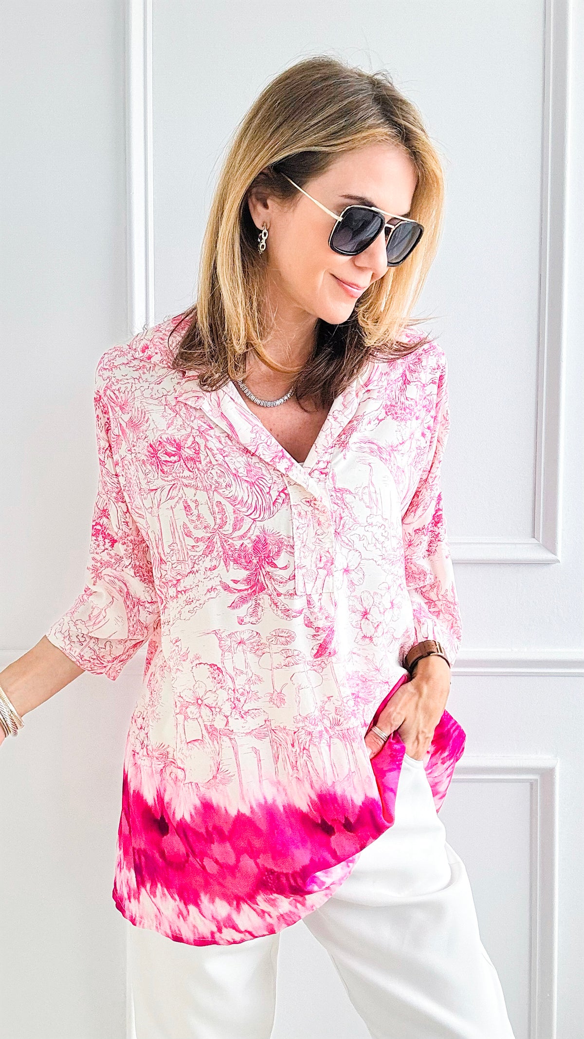 Tropical Tie-Dye Italian Blouse - Pink-170 Bottoms-Italianissimo-Coastal Bloom Boutique, find the trendiest versions of the popular styles and looks Located in Indialantic, FL